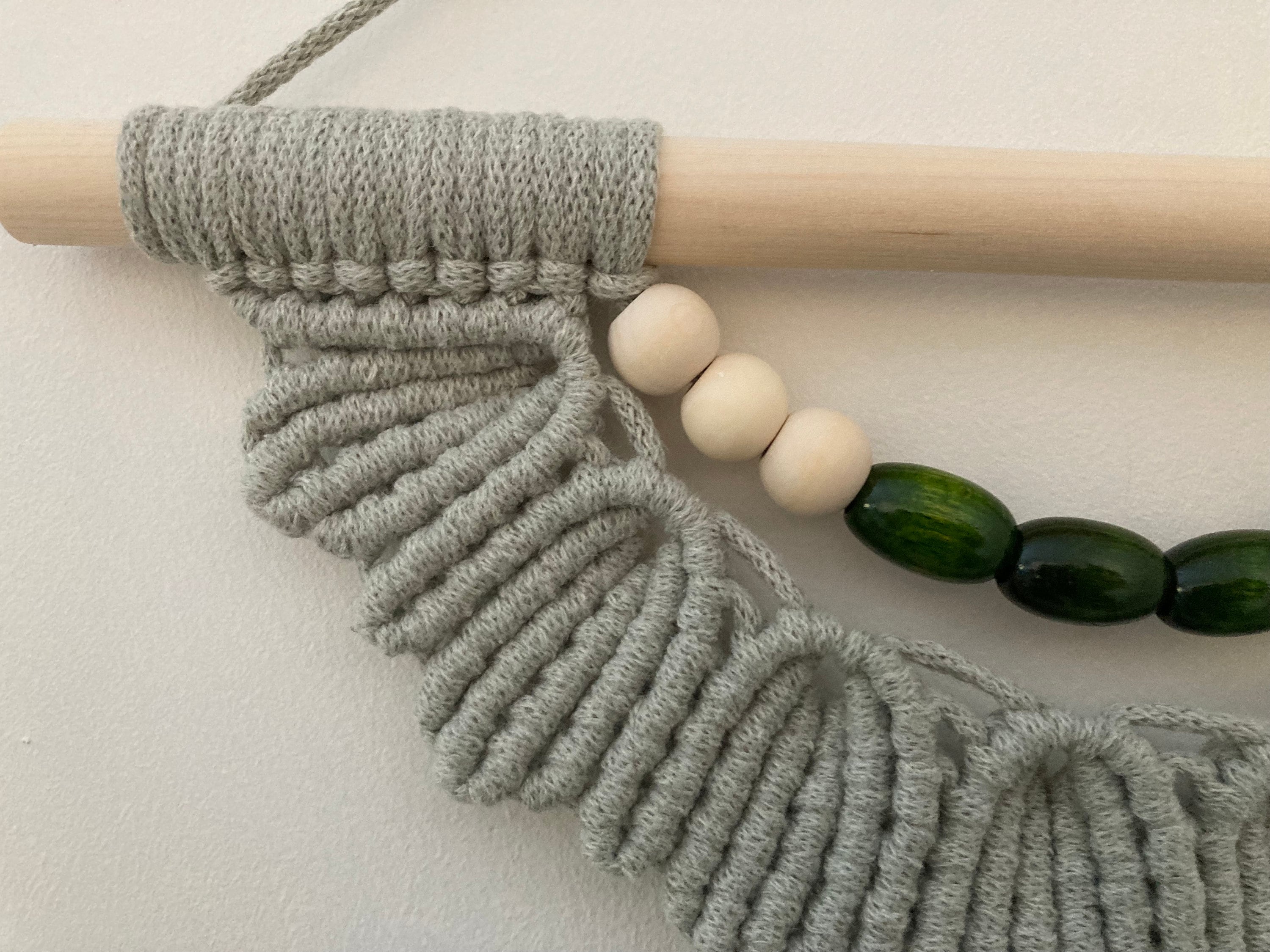 Unique Green Macrame Wall Hanging: Boho Wooden Bead Decor, wall art, hippy accessory.