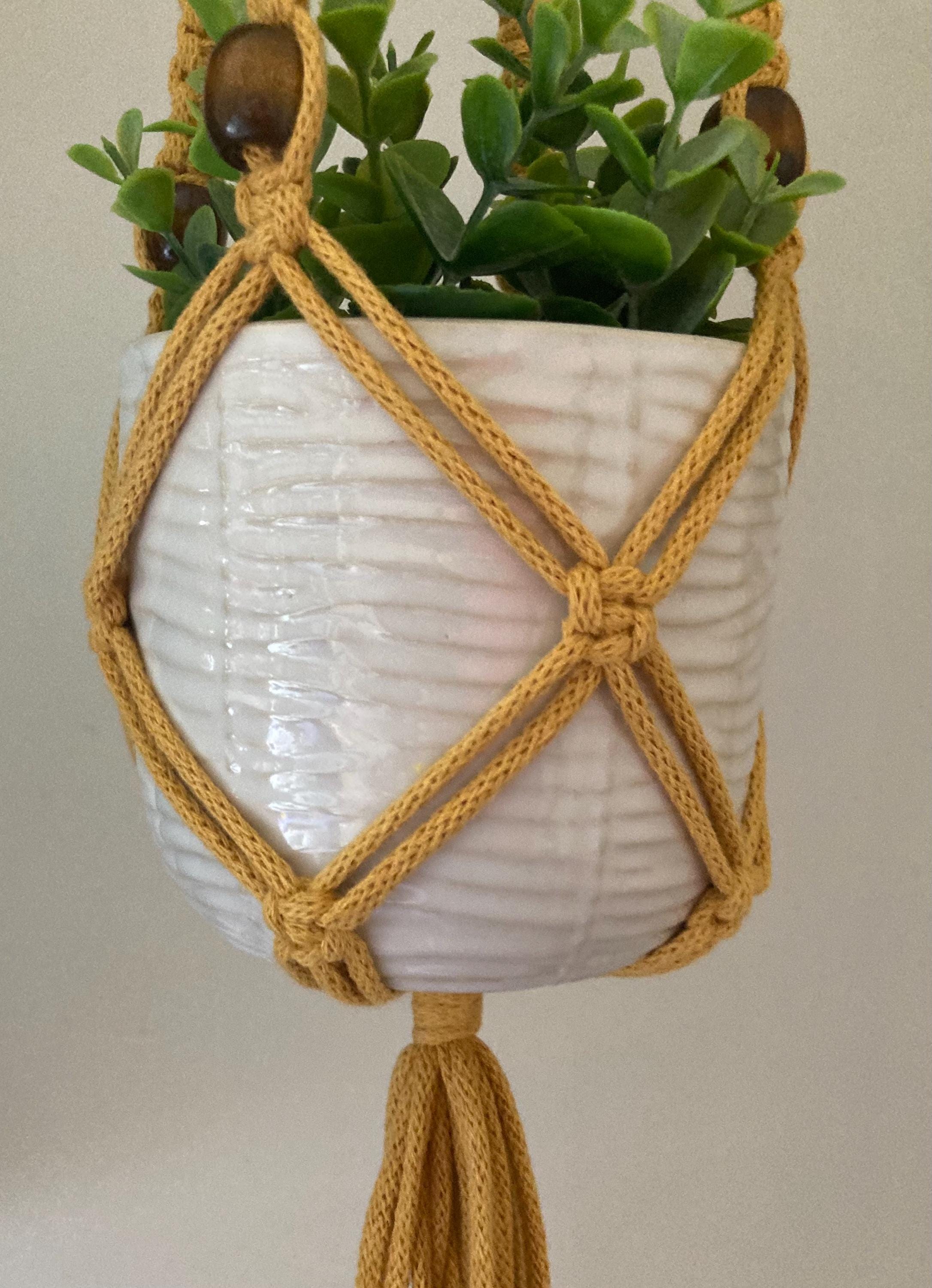Macrame Hanging Plant Holder: Mustard Yellow Braided Cord with Brown wooden beads, Boho Decor, retro, home decor.