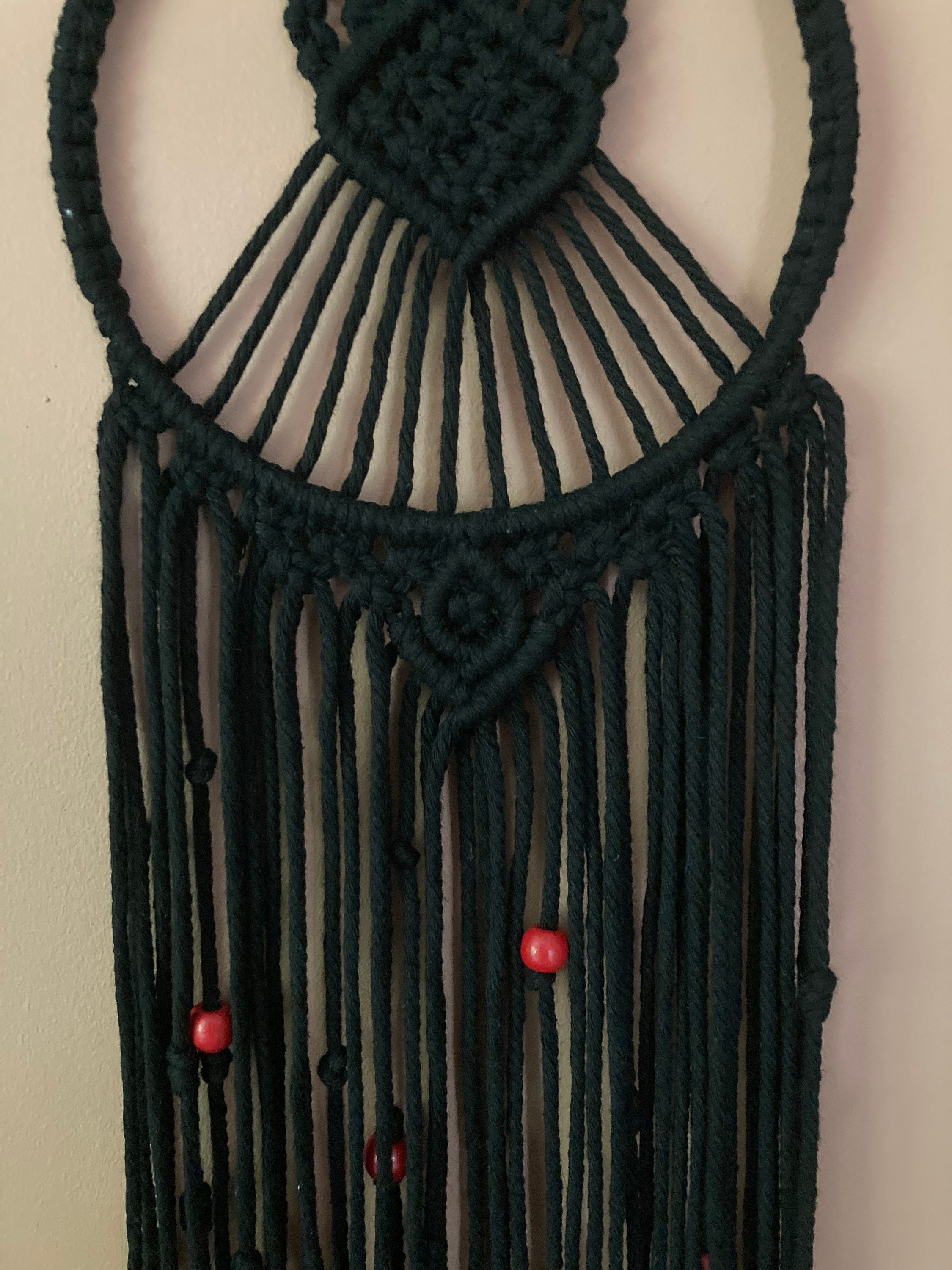 Black Macrame Hanging: Gothic Boho Wall Art with Red Beads, Room Accessory, Dreamcatcher style.