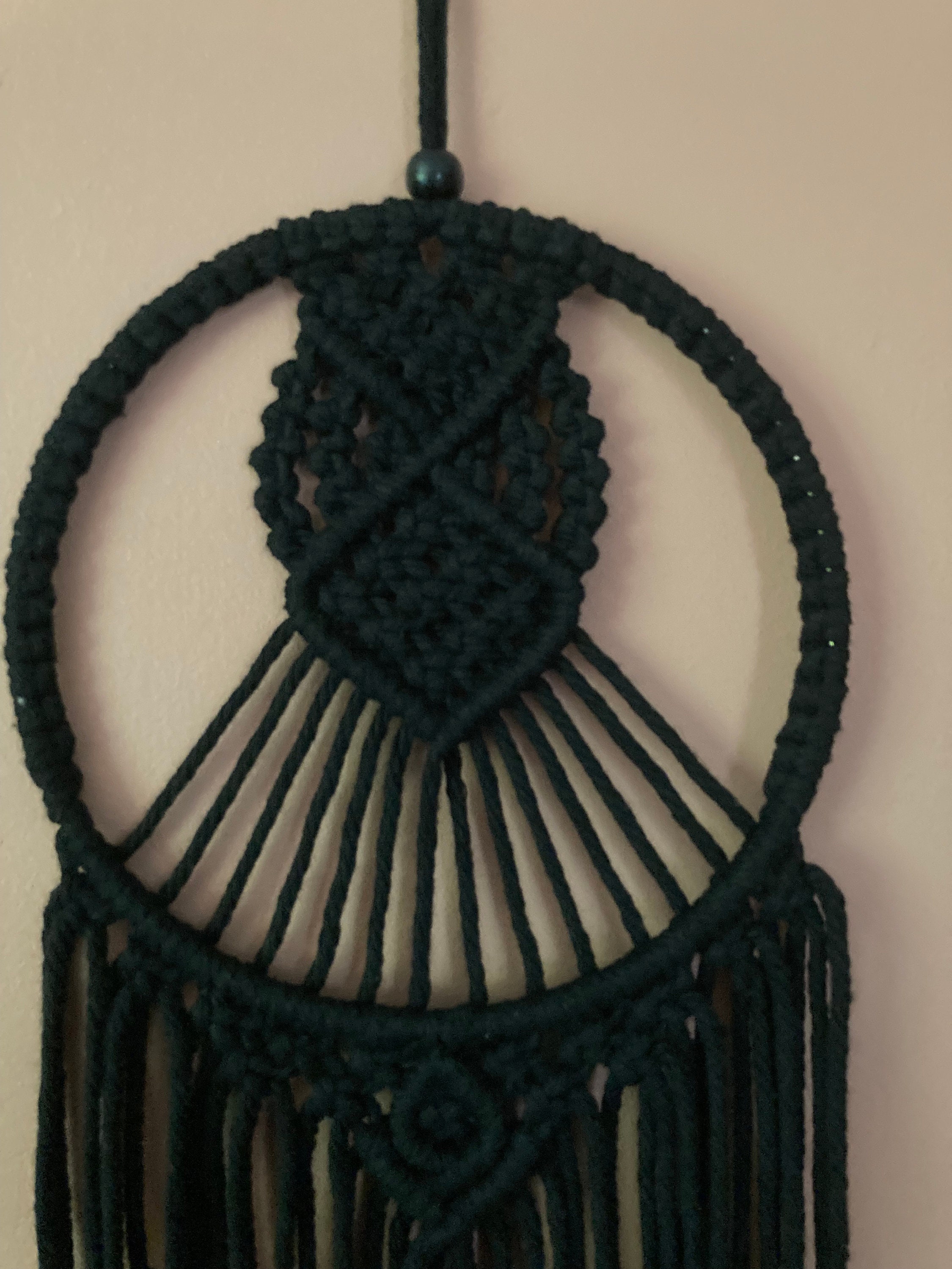 Black Macrame Hanging: Gothic Boho Wall Art with Red Beads, Room Accessory, Dreamcatcher style.