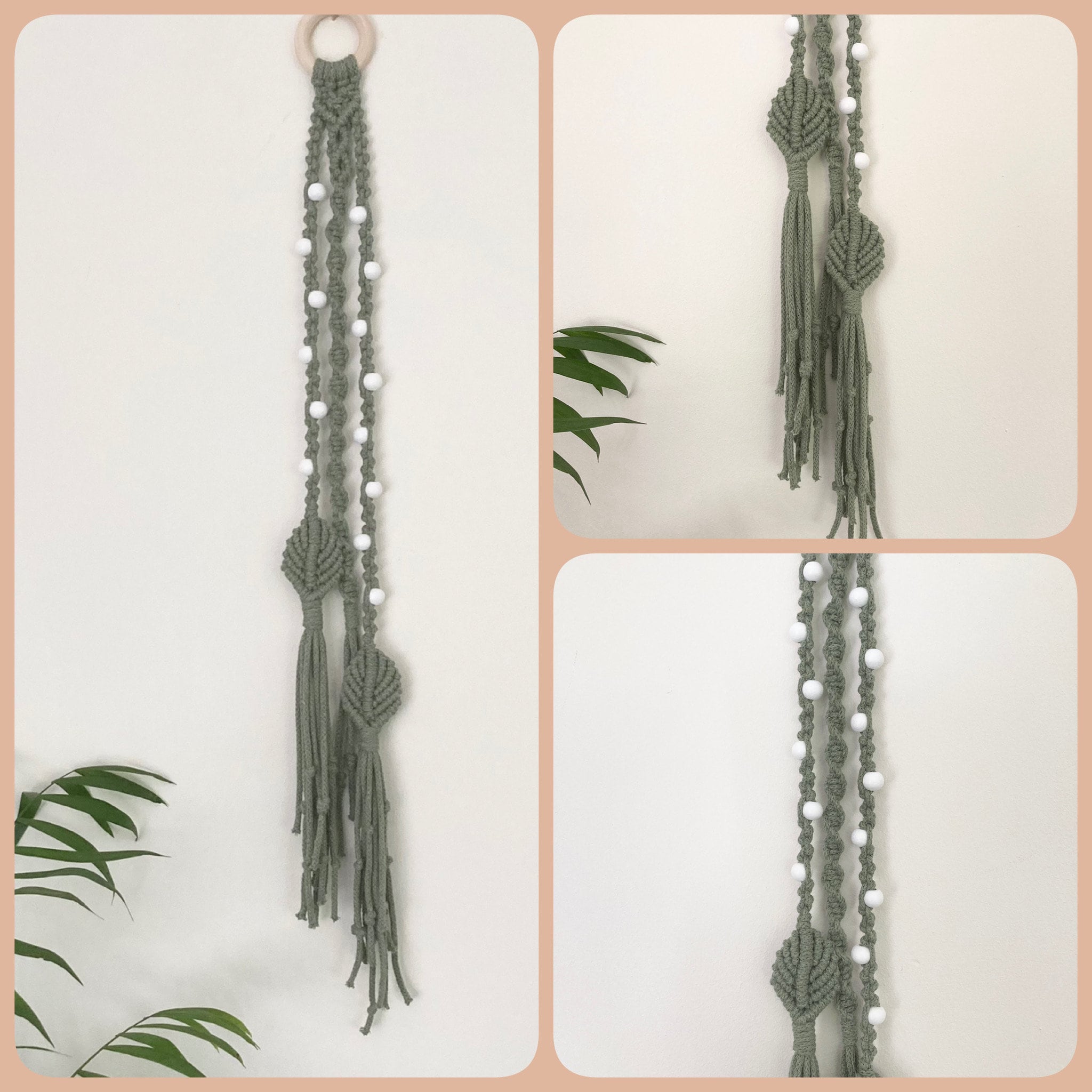 Macrame hanging decoration in green braided cord, boho, hippy, beaded decor.