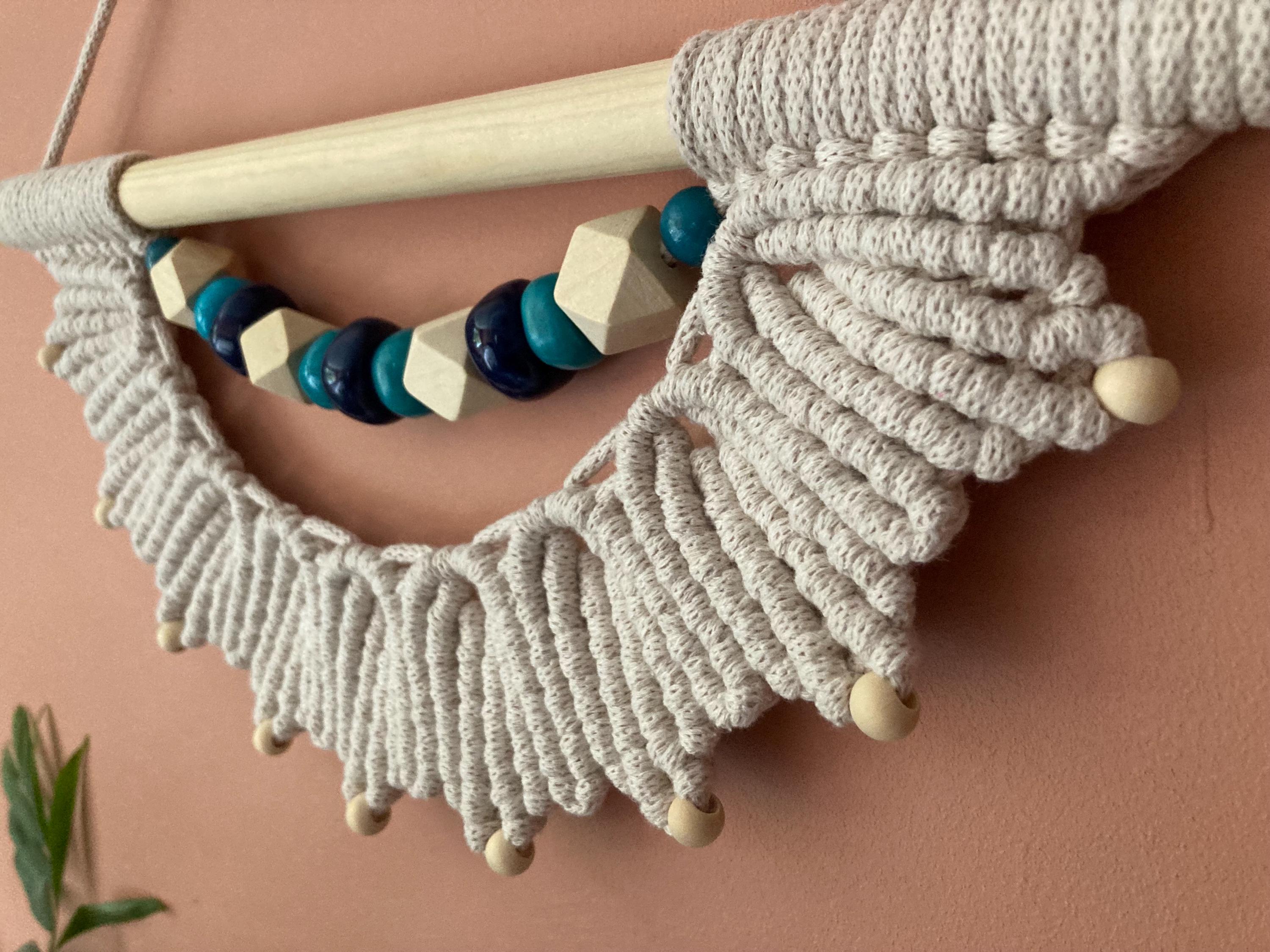 Beige Macrame Wall Hanging with Teal & Blue Beads, Boho Decor