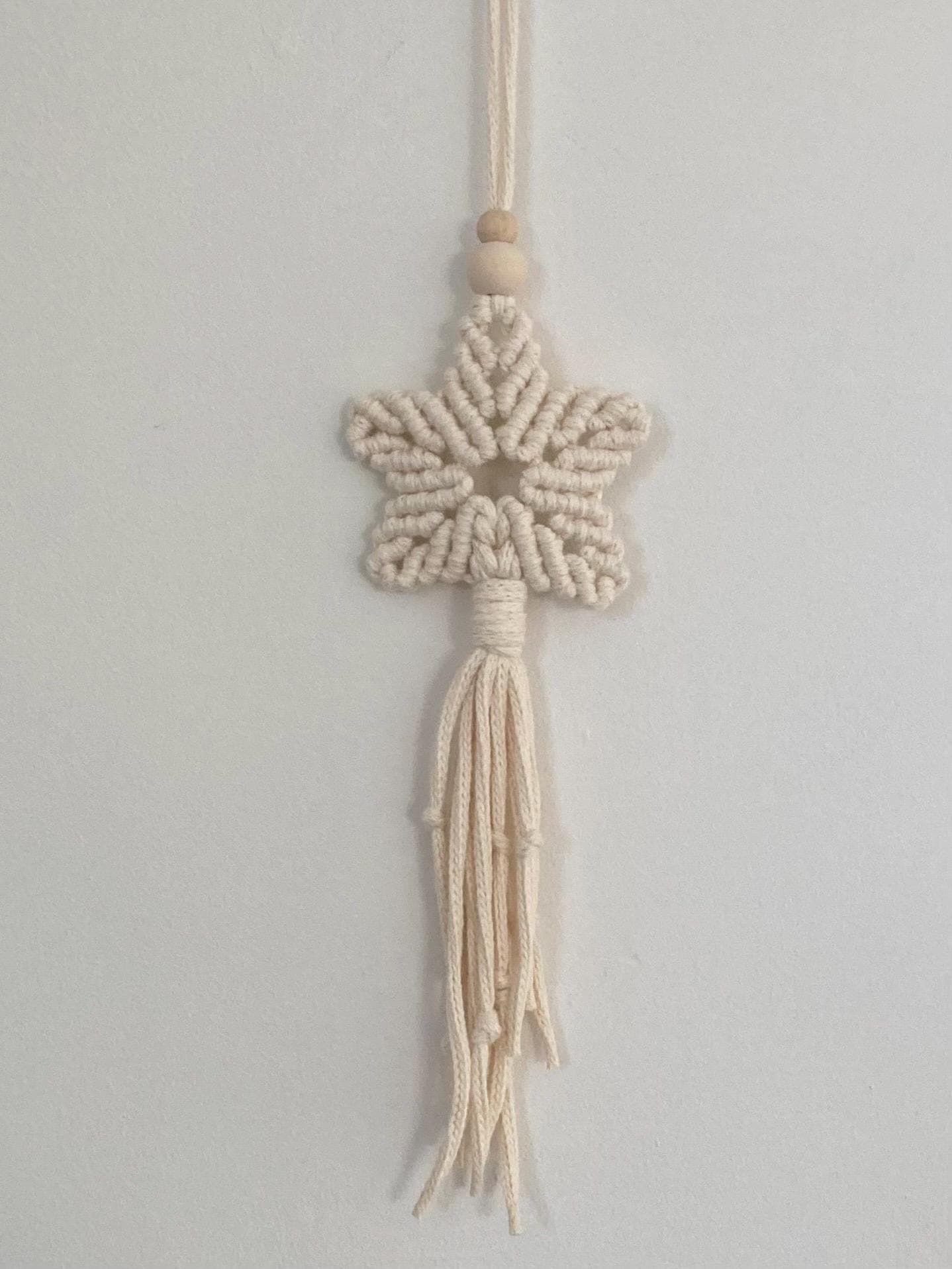 Cream Macrame Star Hanging: Boho Decor with Wooden Bead, window/door accessory, hippy, teacher gift.