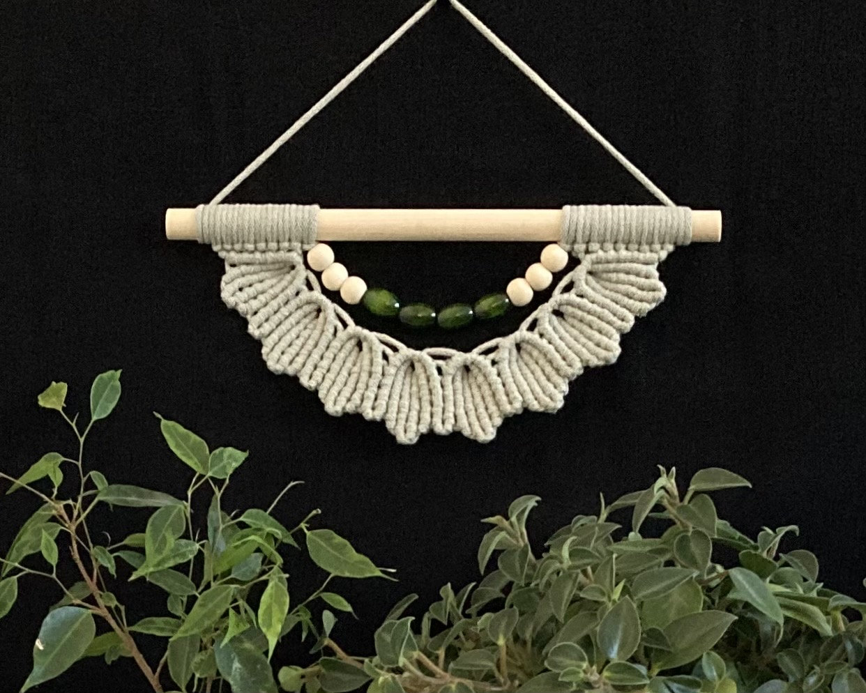 Unique Green Macrame Wall Hanging: Boho Wooden Bead Decor, wall art, hippy accessory.