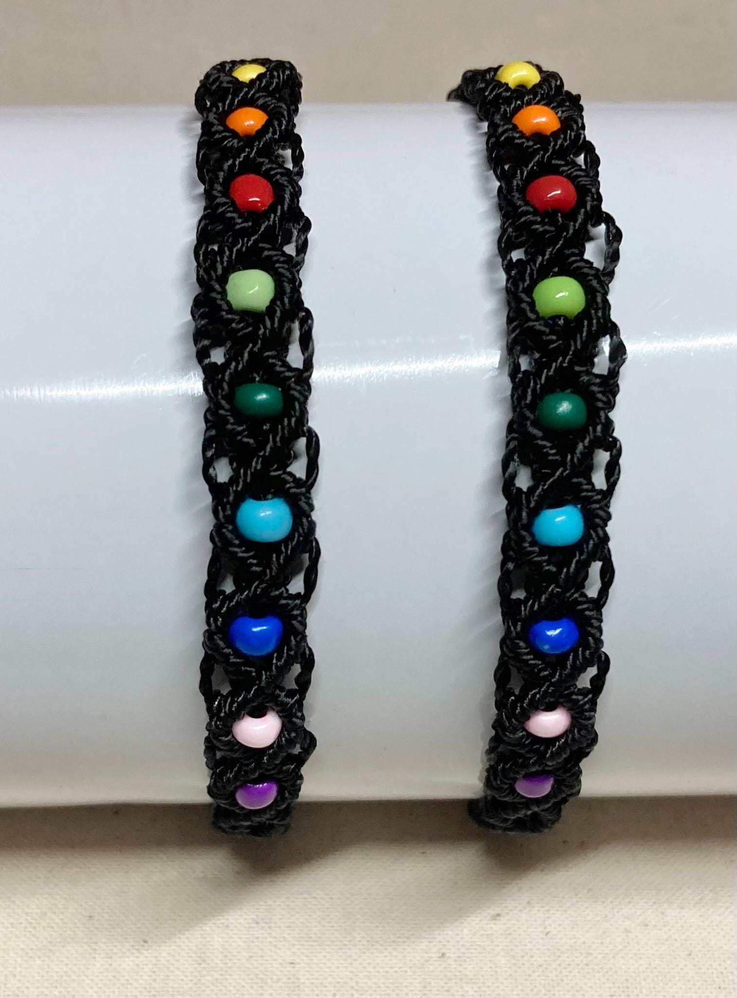 Adjustable Rainbow Glass Bead Macrame Bracelet