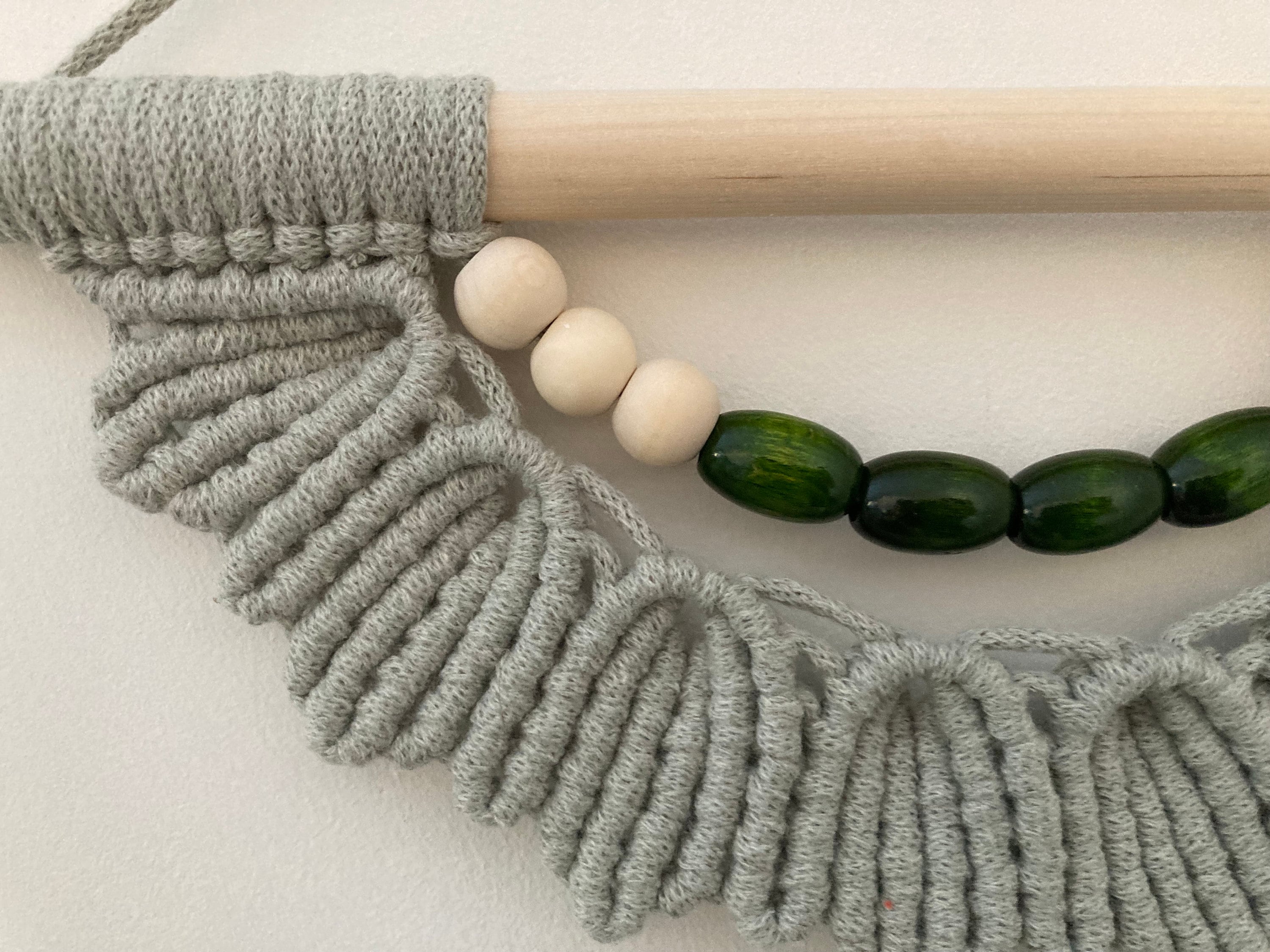 Unique Green Macrame Wall Hanging: Boho Wooden Bead Decor, wall art, hippy accessory.