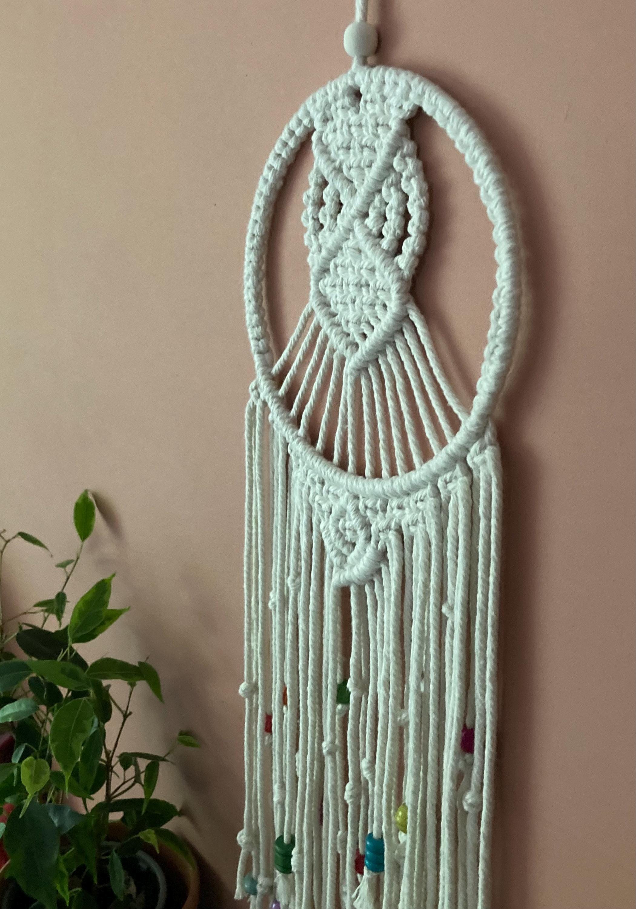 Macrame Wall Hanging: Cream Cord with Colorful Beads, wall art, boho decor, dreamcatcher style.
