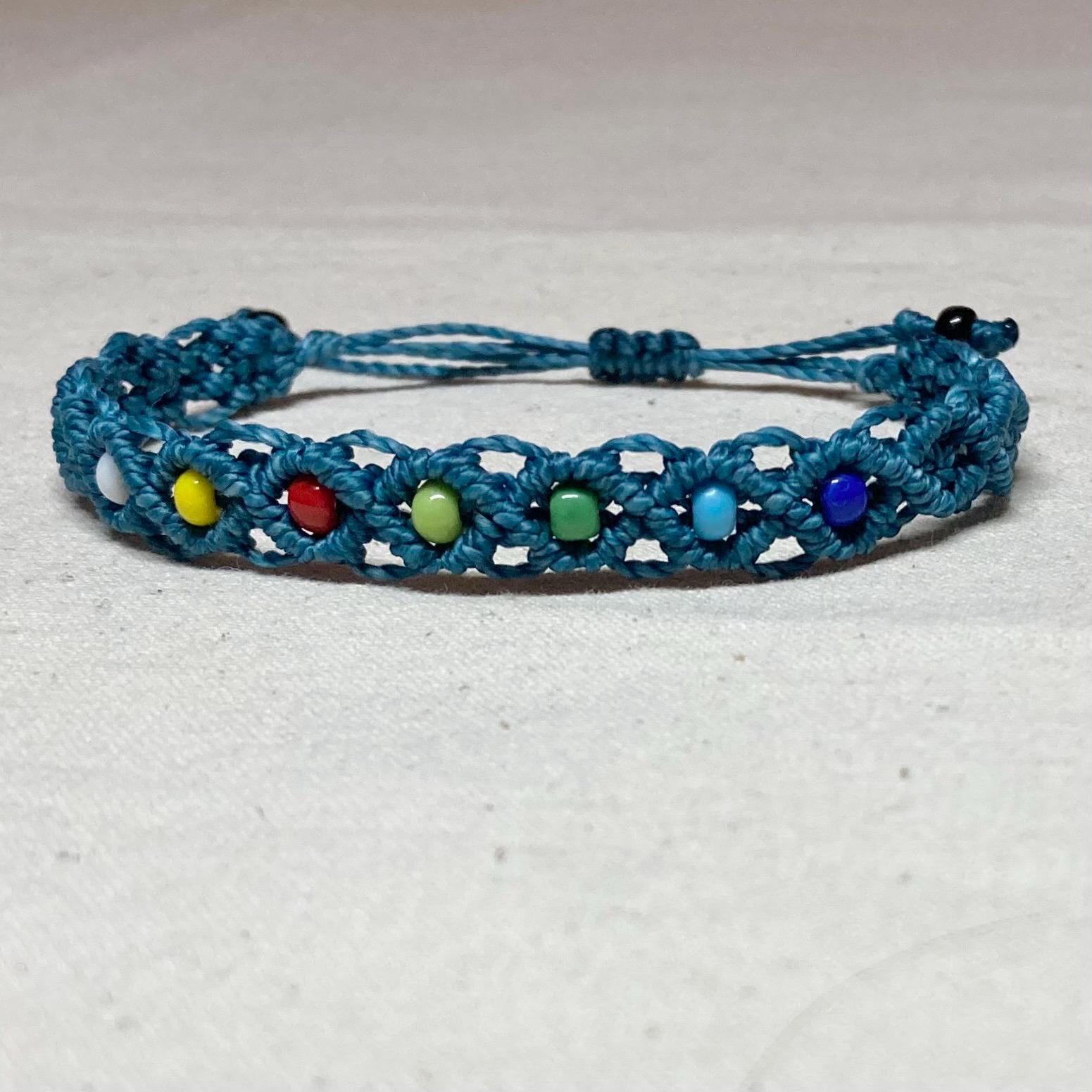 Black Macrame Adjustable Rainbow Glass Bead Bracelet