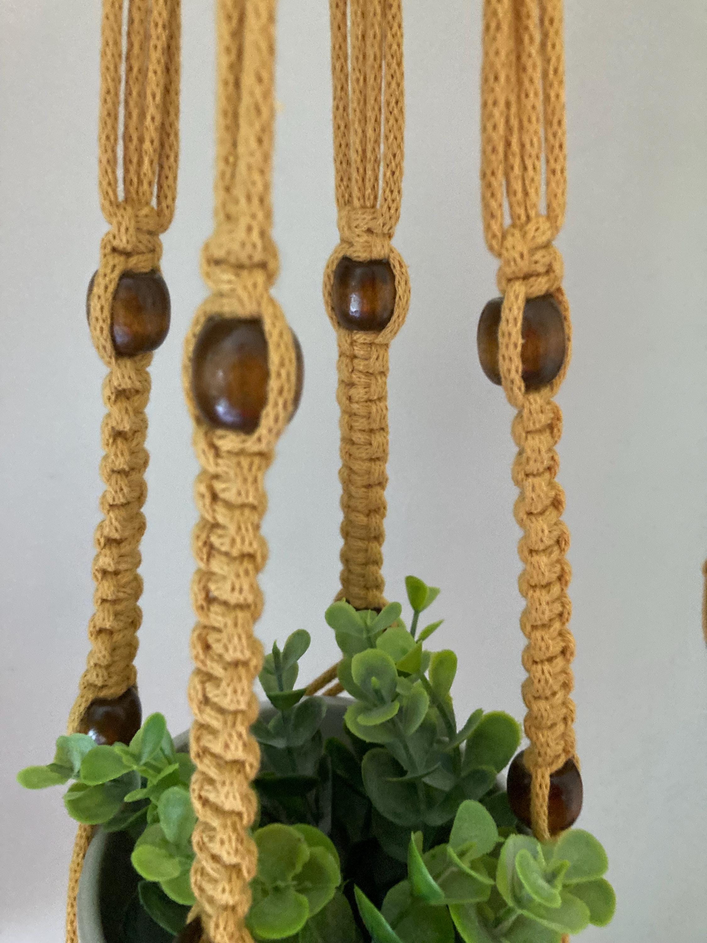 Macrame Hanging Plant Holder: Mustard Yellow Braided Cord with Brown wooden beads, Boho Decor, retro, home decor.