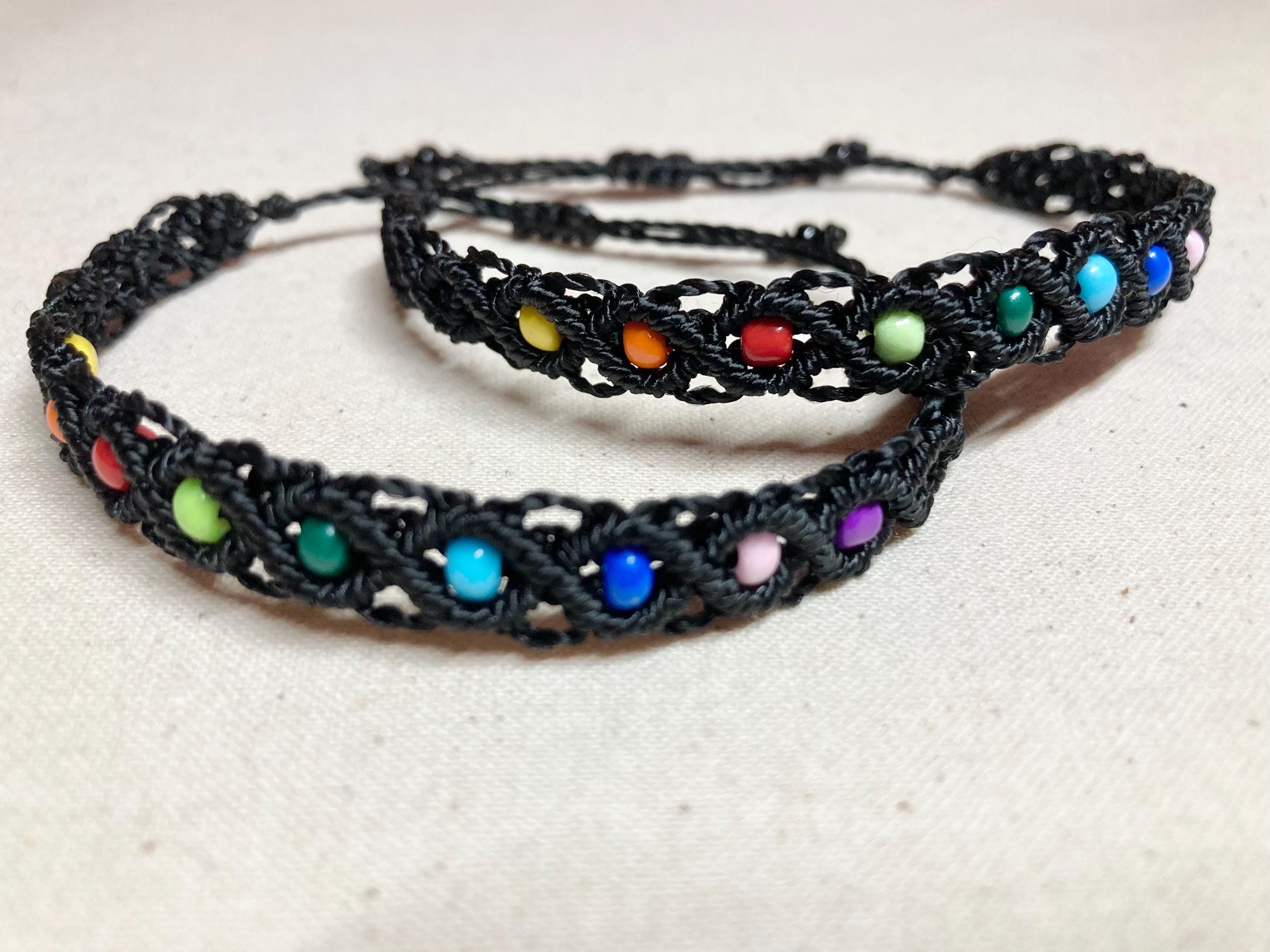 Adjustable Rainbow Glass Bead Macrame Bracelet
