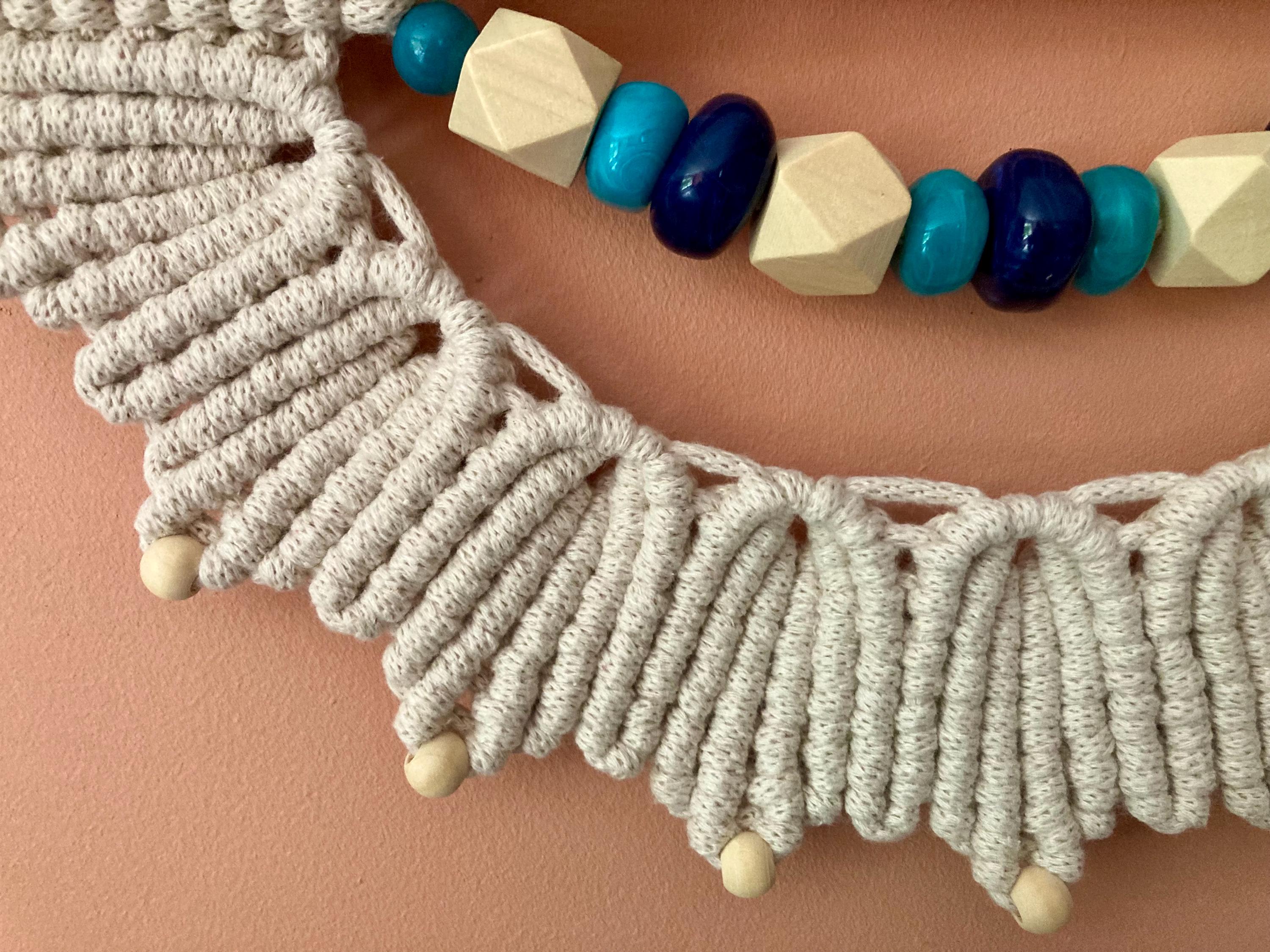 Beige Macrame Wall Hanging with Teal & Blue Beads, Boho Decor