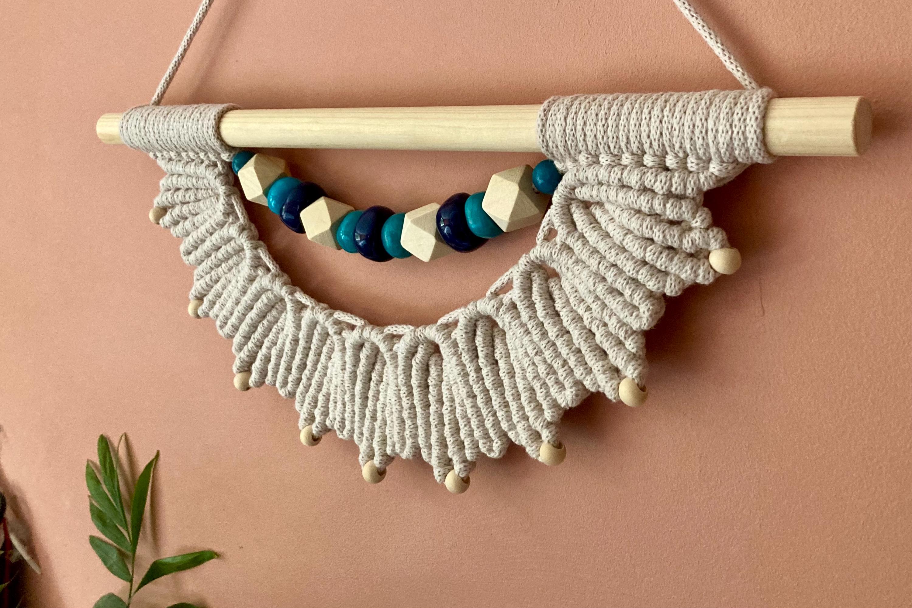 Beige Macrame Wall Hanging with Teal & Blue Beads, Boho Decor