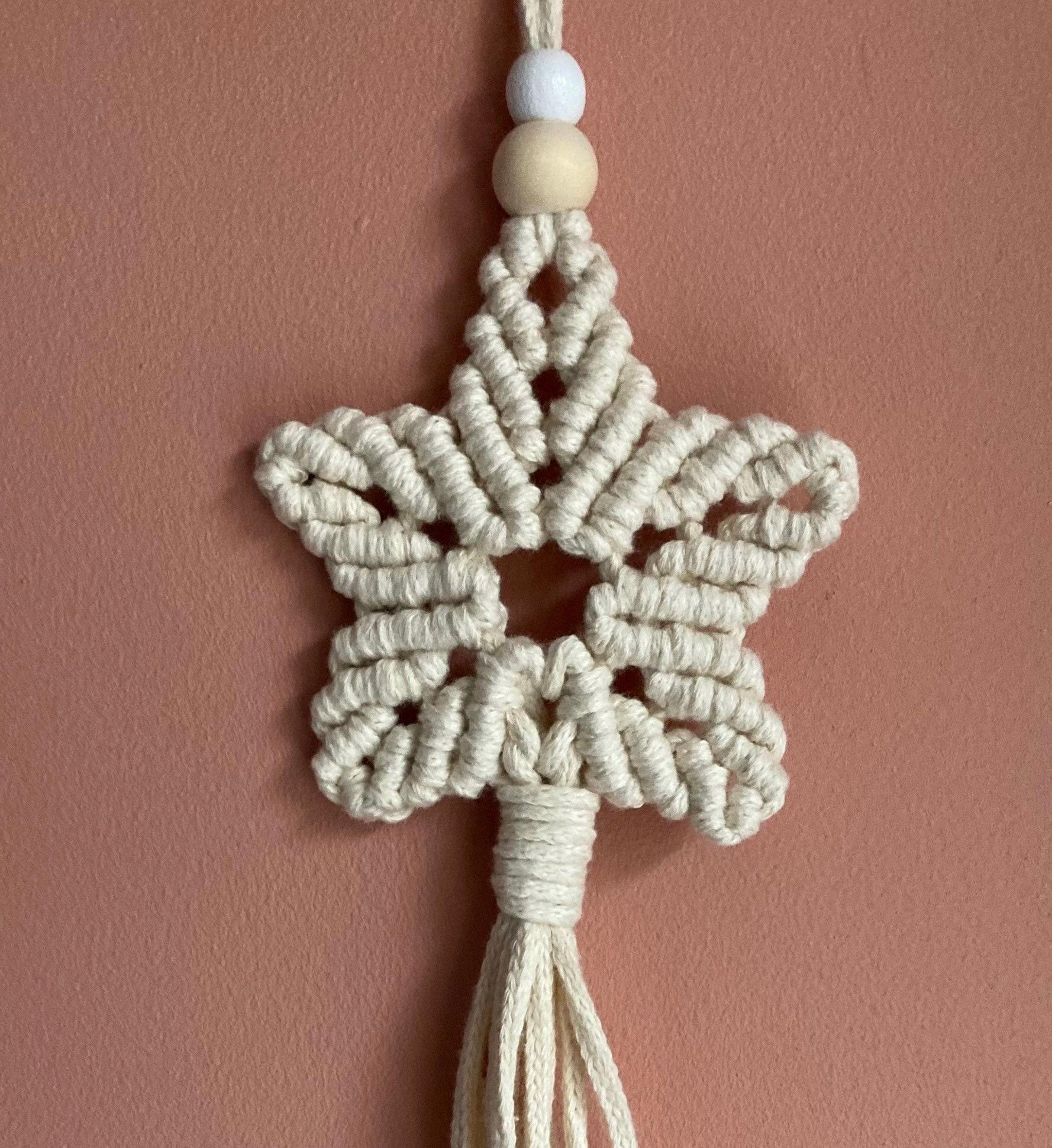 Cream Macrame Star Hanging: Boho Decor with Wooden Bead, window/door accessory, hippy, teacher gift.