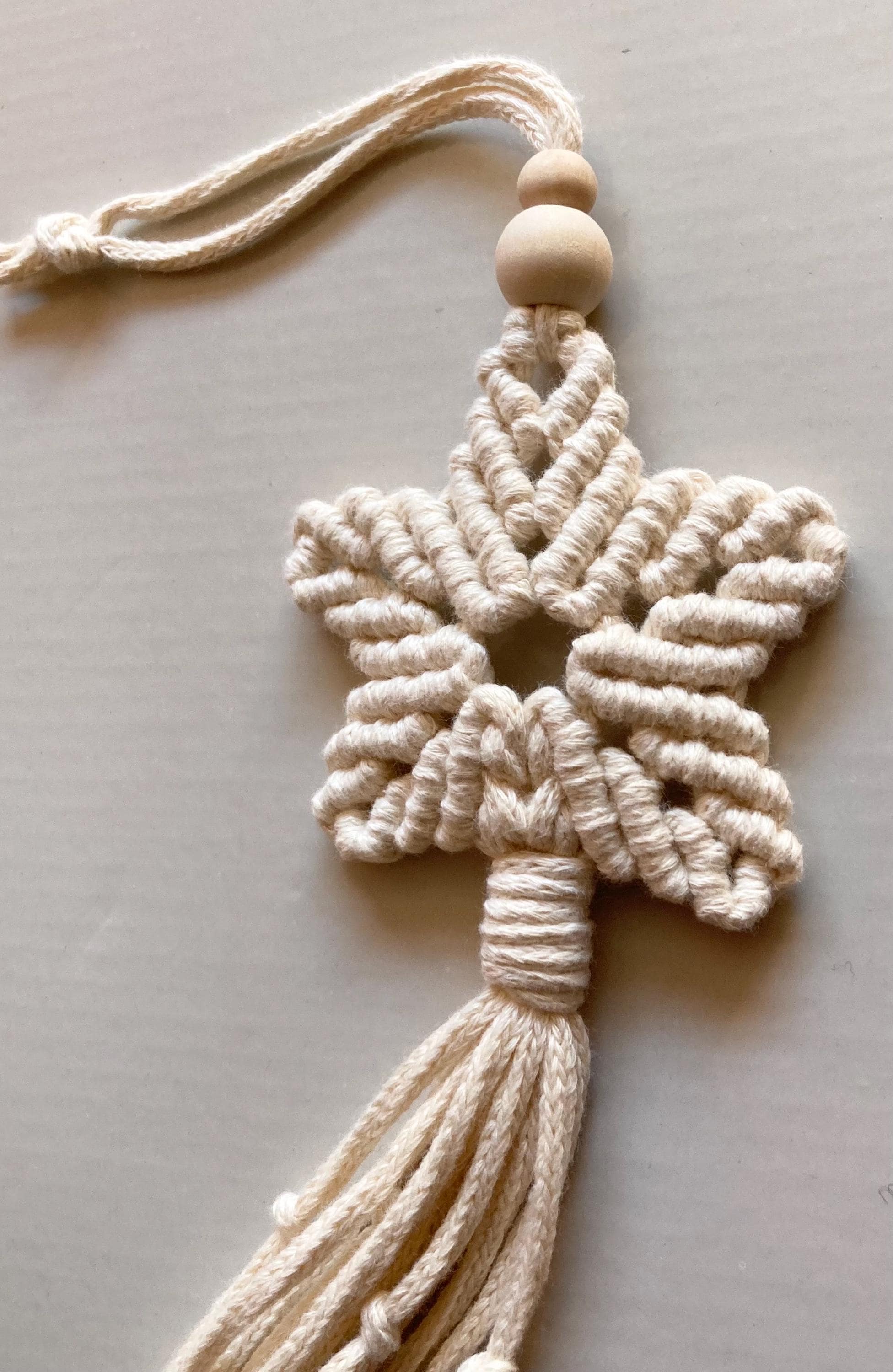 Cream Macrame Star Hanging: Boho Decor with Wooden Bead, window/door accessory, hippy, teacher gift.