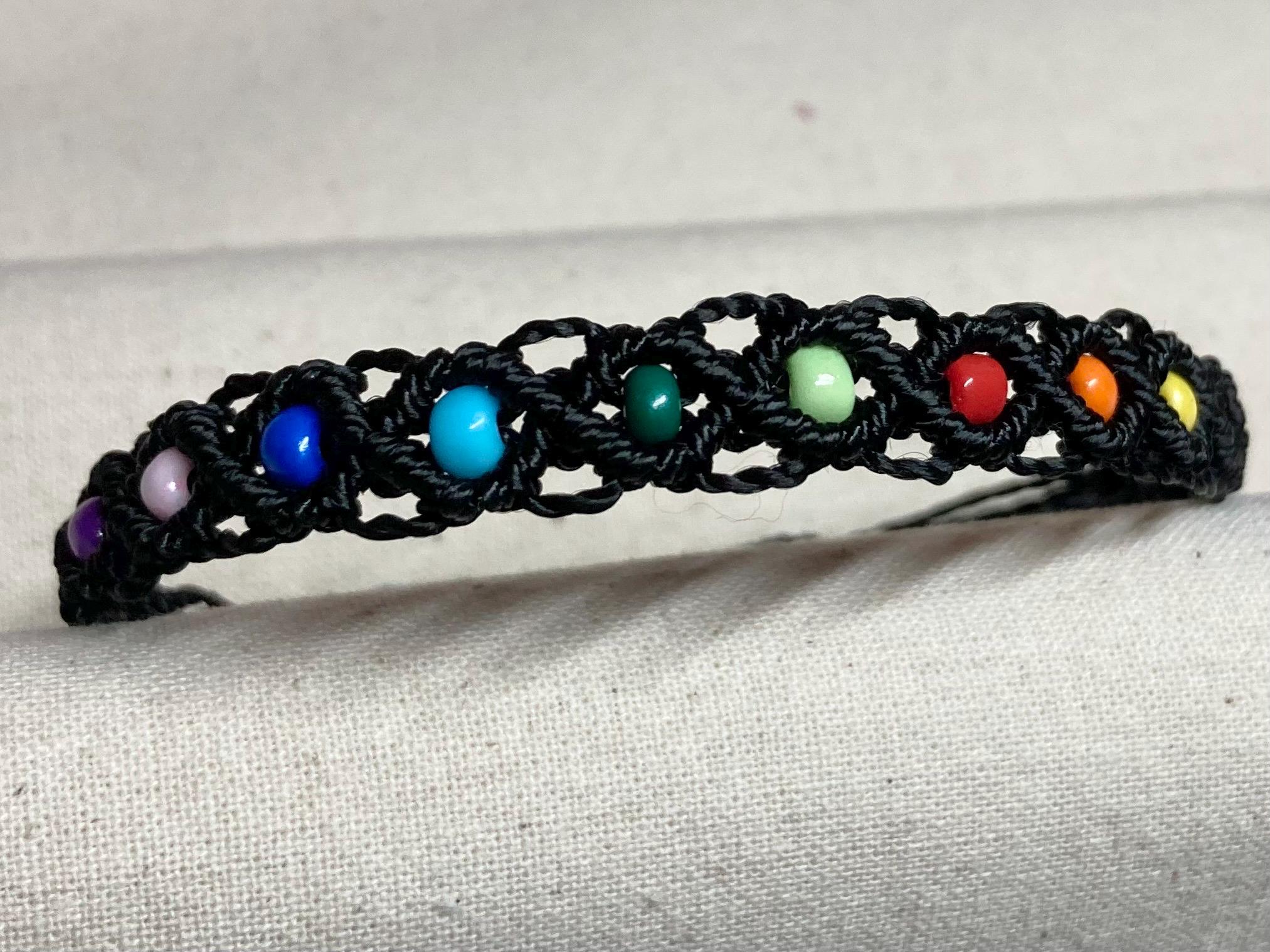 Adjustable Rainbow Glass Bead Macrame Bracelet