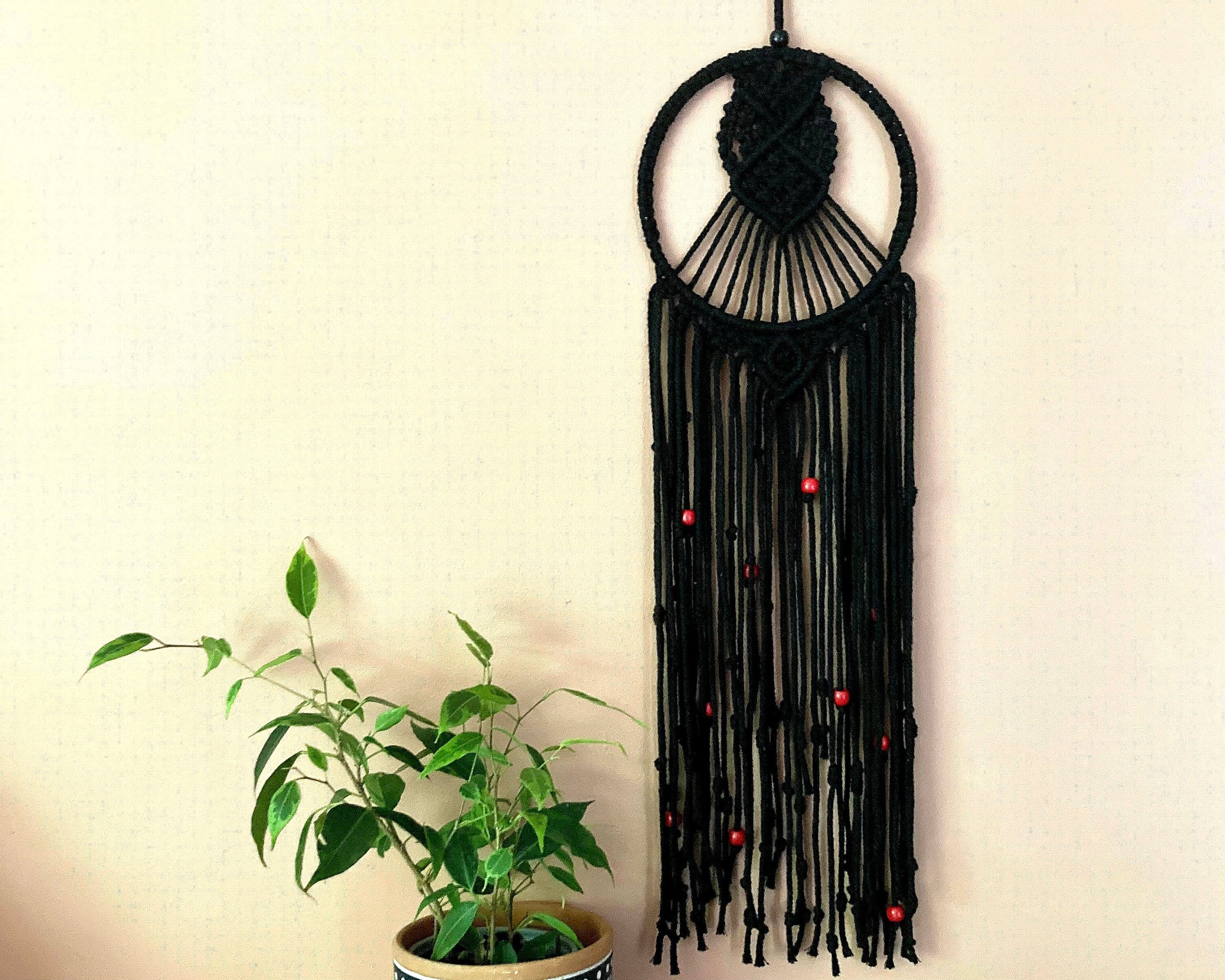 Black Macrame Hanging: Gothic Boho Wall Art with Red Beads, Room Accessory, Dreamcatcher style.