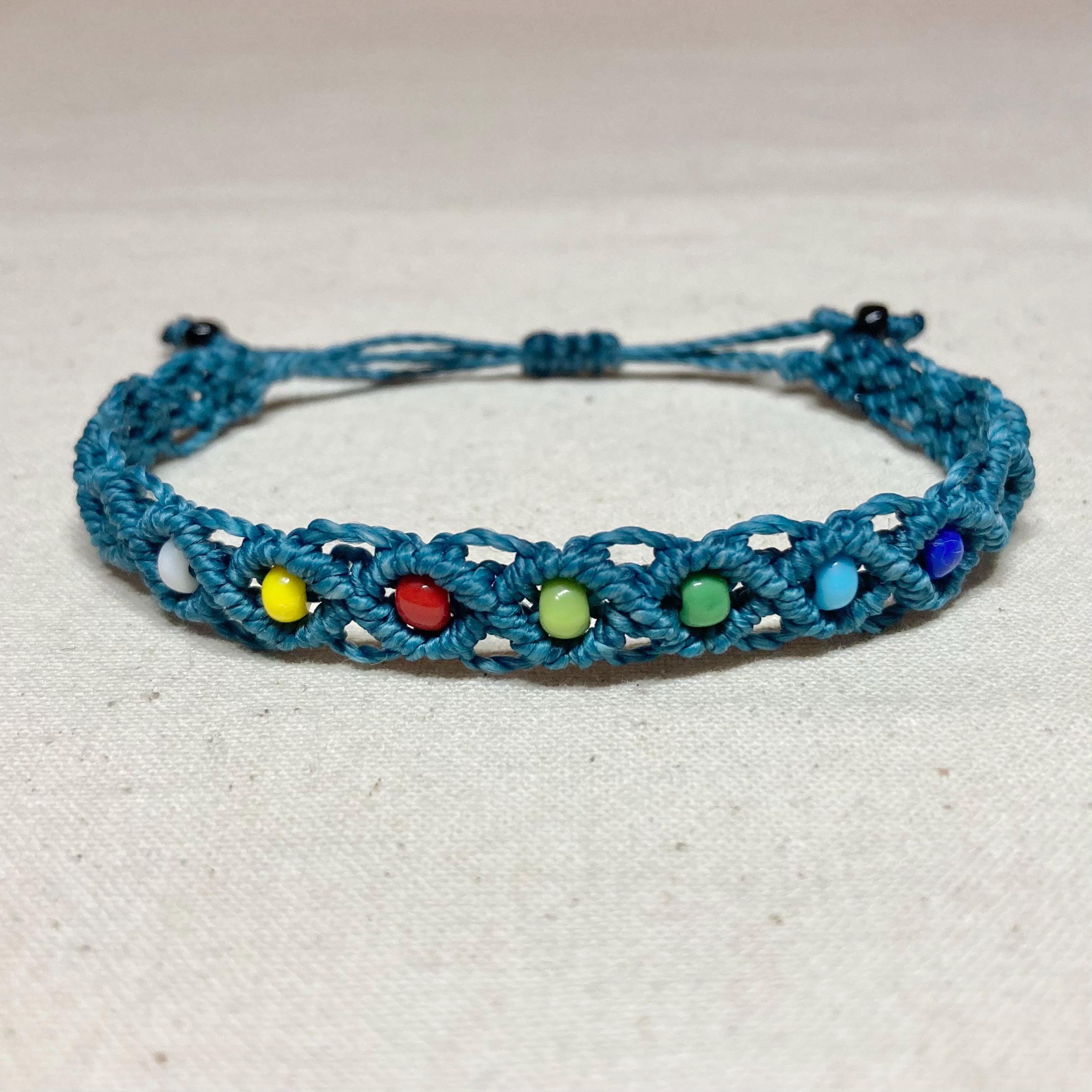 Black Macrame Adjustable Rainbow Glass Bead Bracelet