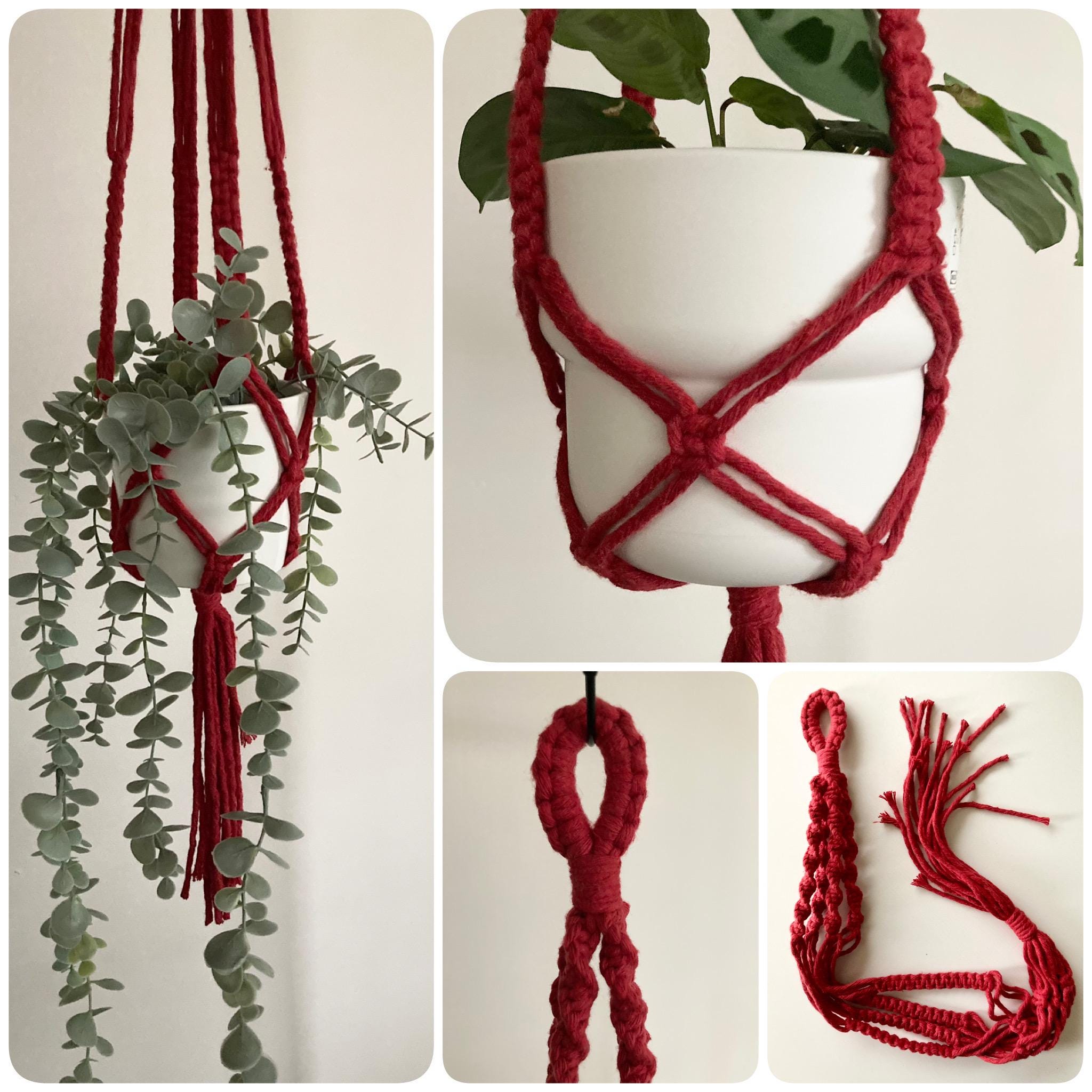 Macrame Hanging Plant Holder: Red Chunky Cord, Boho Decor, indoor accessory.