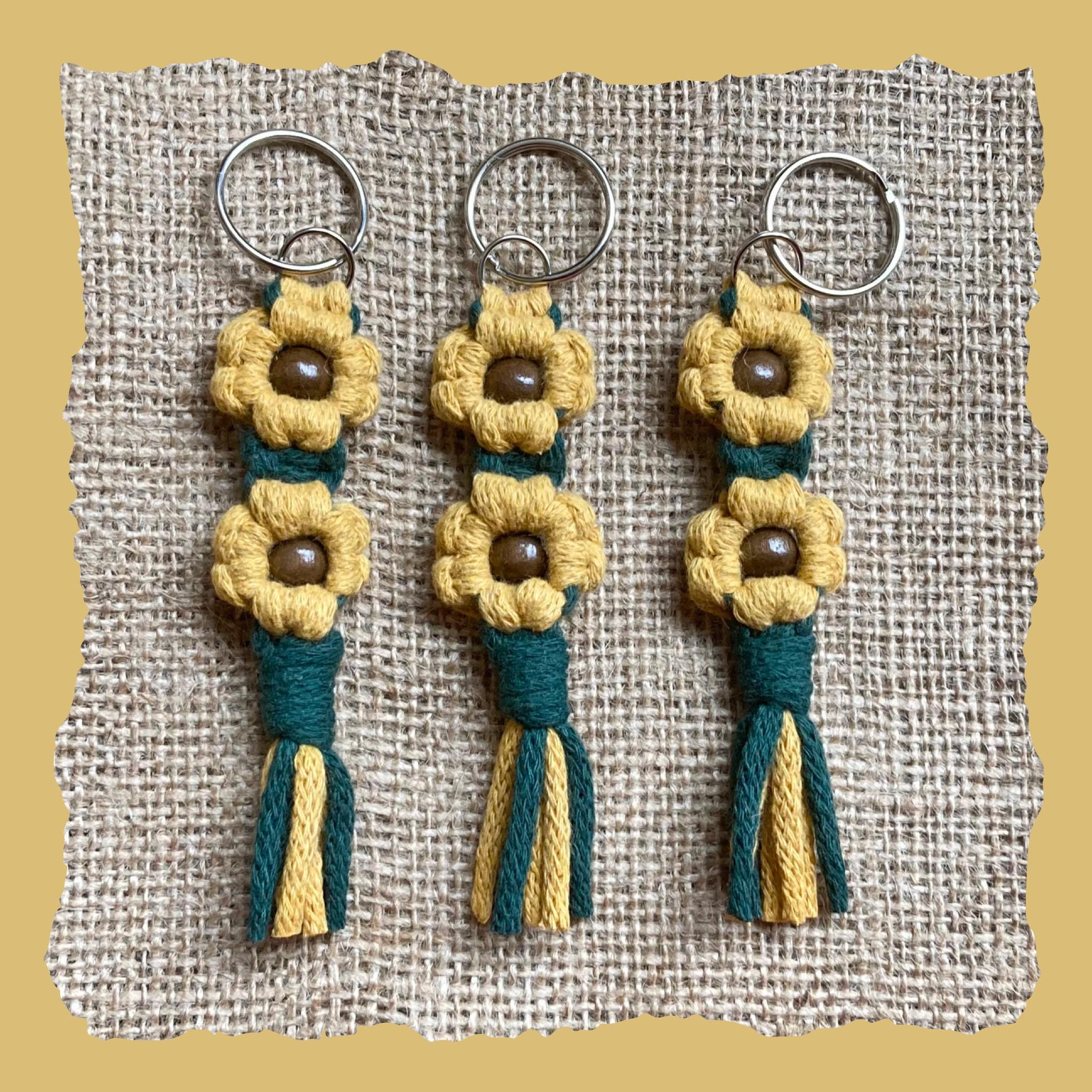 Sunflower macrame keyring, accessory, bagcharm, teacher gift.