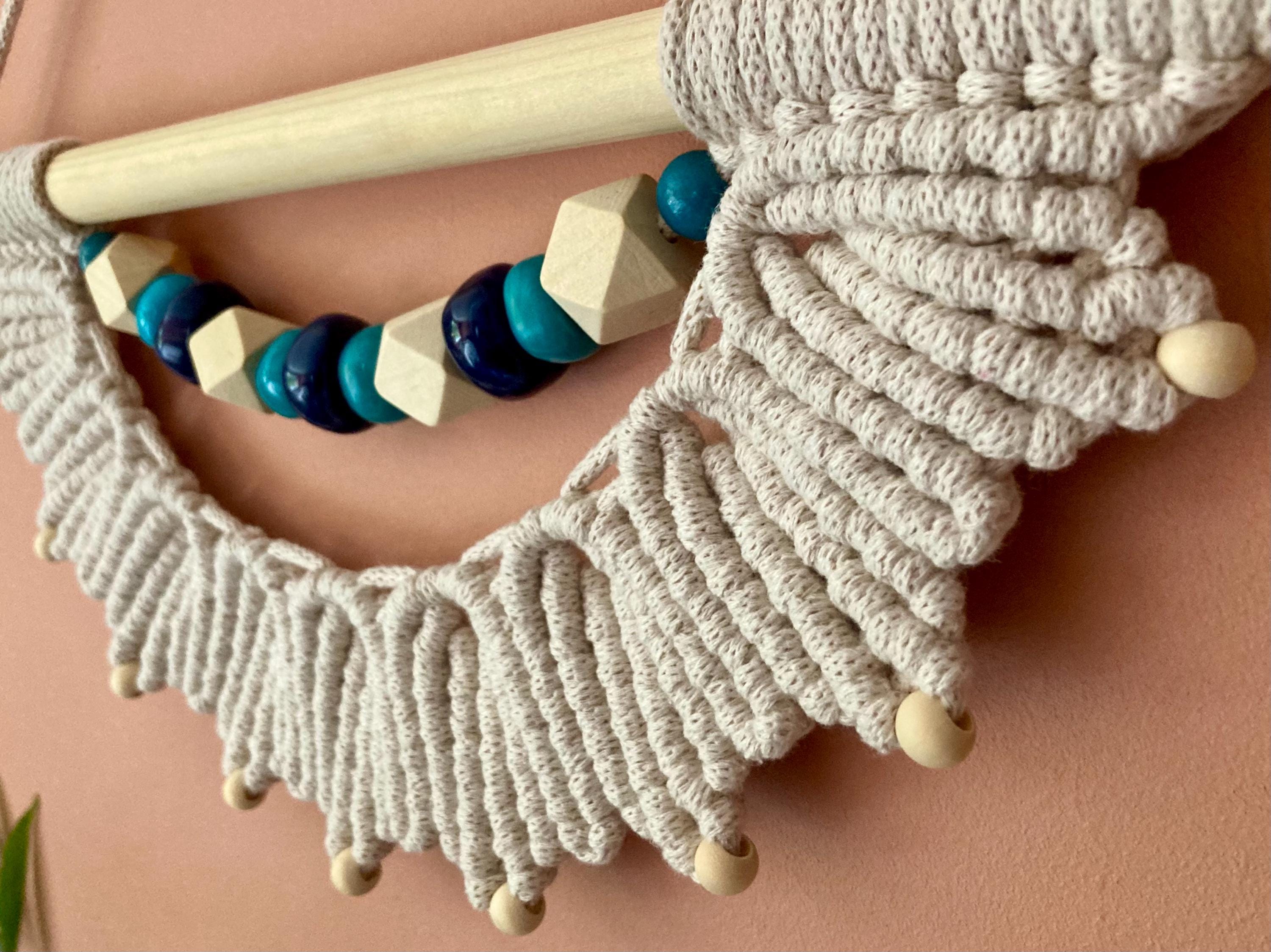 Beige Macrame Wall Hanging with Teal & Blue Beads, Boho Decor
