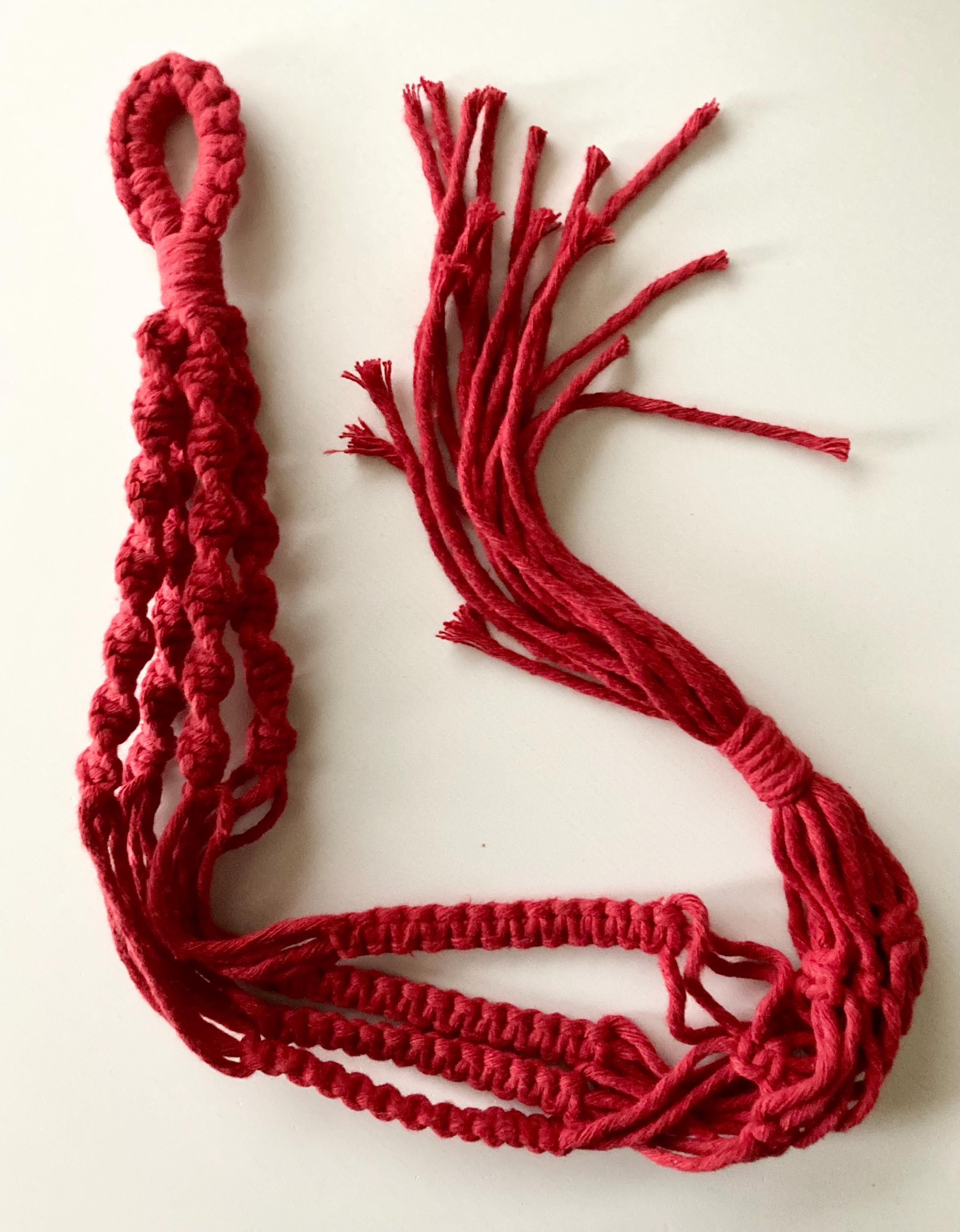 Macrame Hanging Plant Holder: Red Chunky Cord, Boho Decor, indoor accessory.