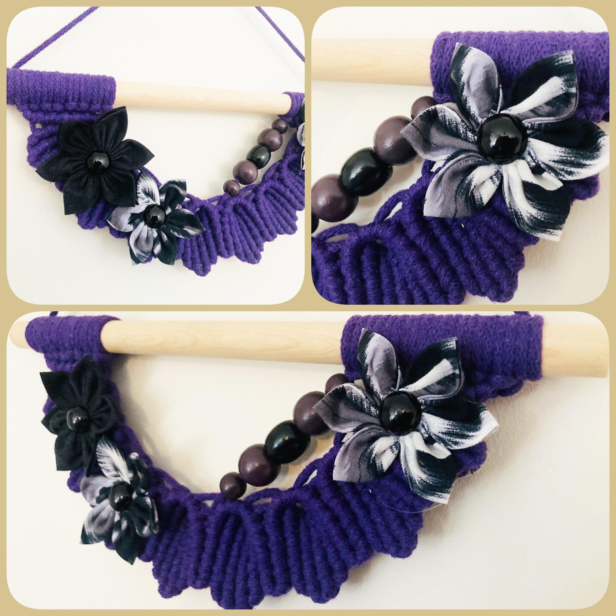 Unique Purple Macrame Wall Hanging: Boho Fabric Flowers & Wooden Beads, wall art.
