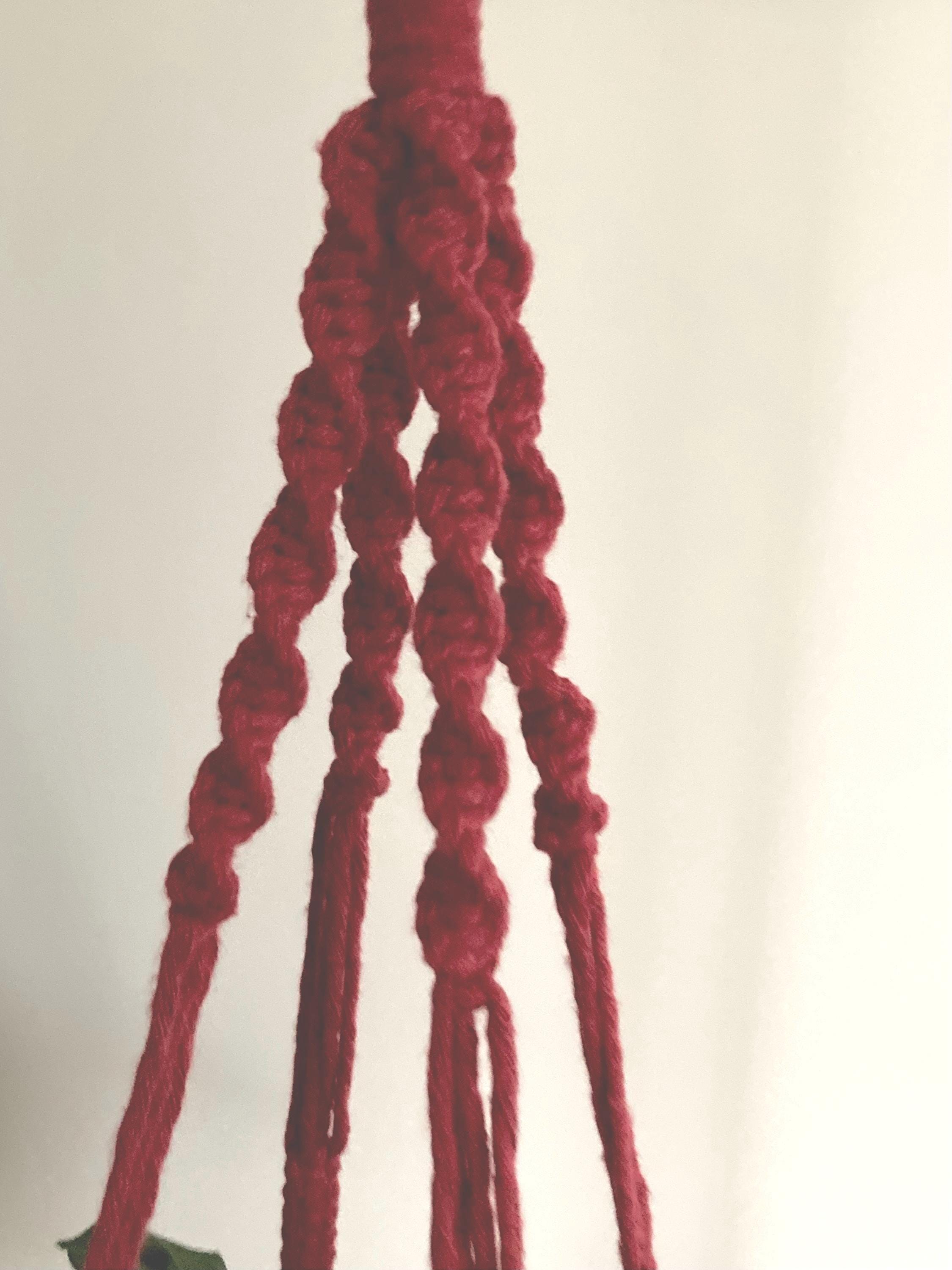 Macrame Hanging Plant Holder: Red Chunky Cord, Boho Decor, indoor accessory.