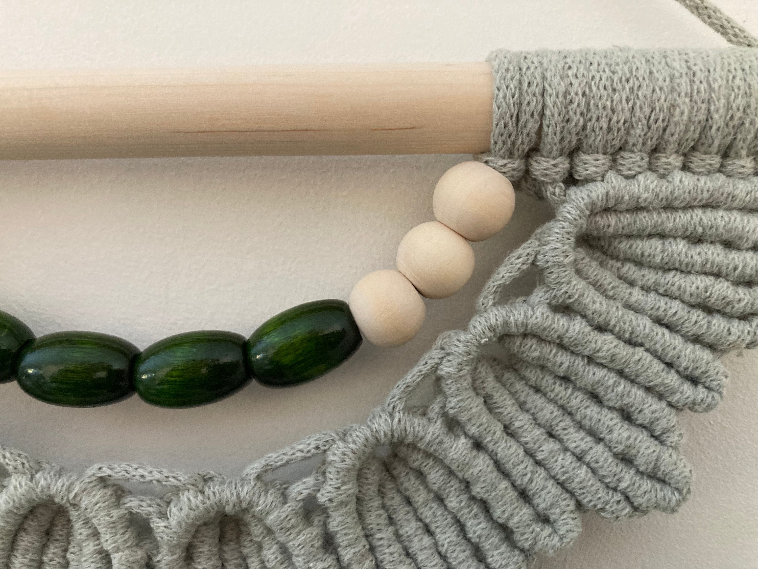 Unique Green Macrame Wall Hanging: Boho Wooden Bead Decor, wall art, hippy accessory.