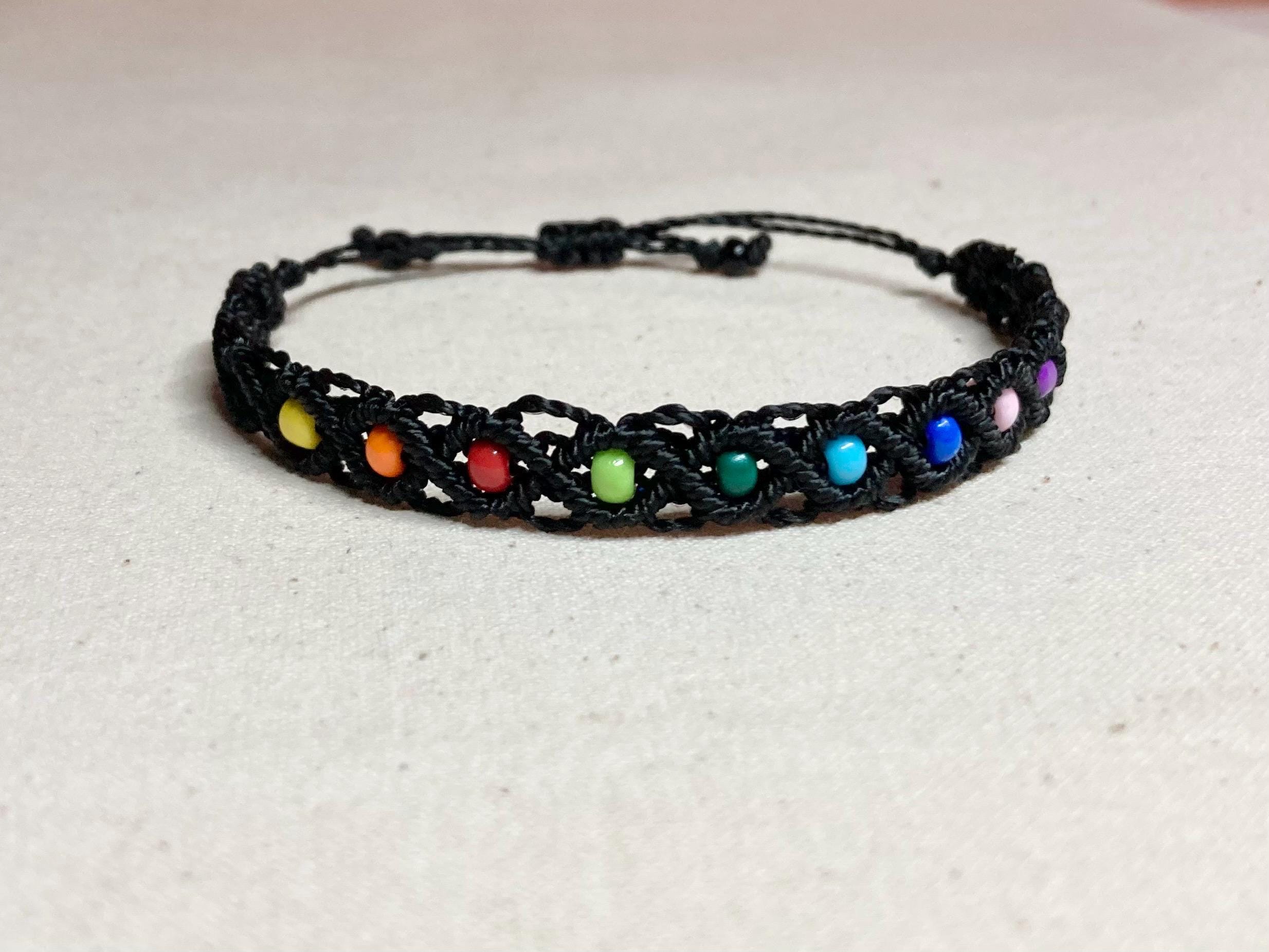 Adjustable Rainbow Glass Bead Macrame Bracelet