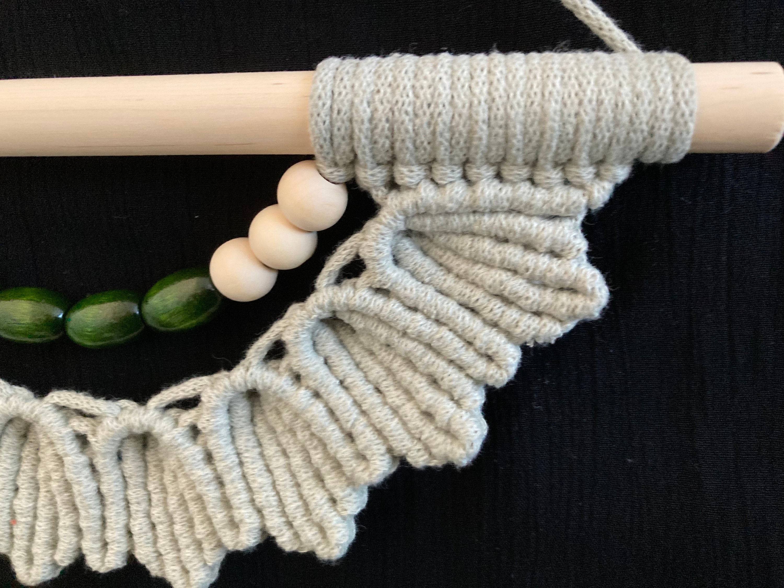 Unique Green Macrame Wall Hanging: Boho Wooden Bead Decor, wall art, hippy accessory.