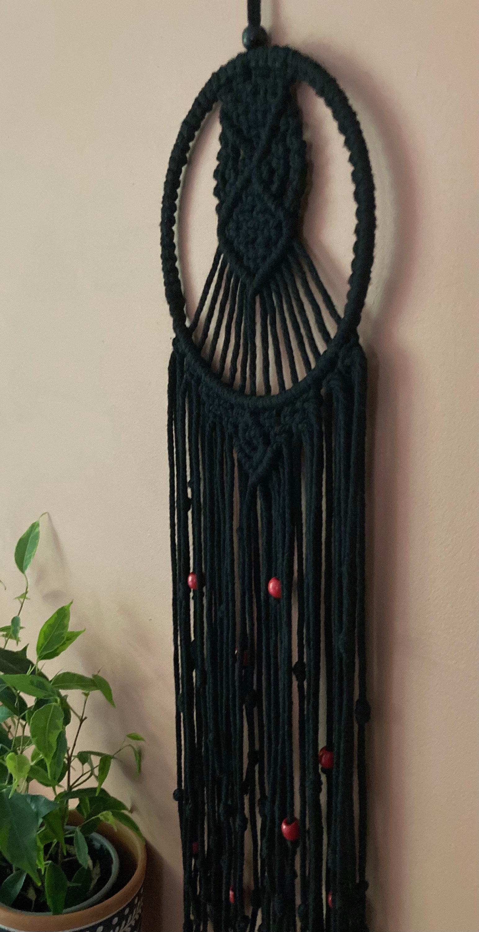 Black Macrame Hanging: Gothic Boho Wall Art with Red Beads, Room Accessory, Dreamcatcher style.
