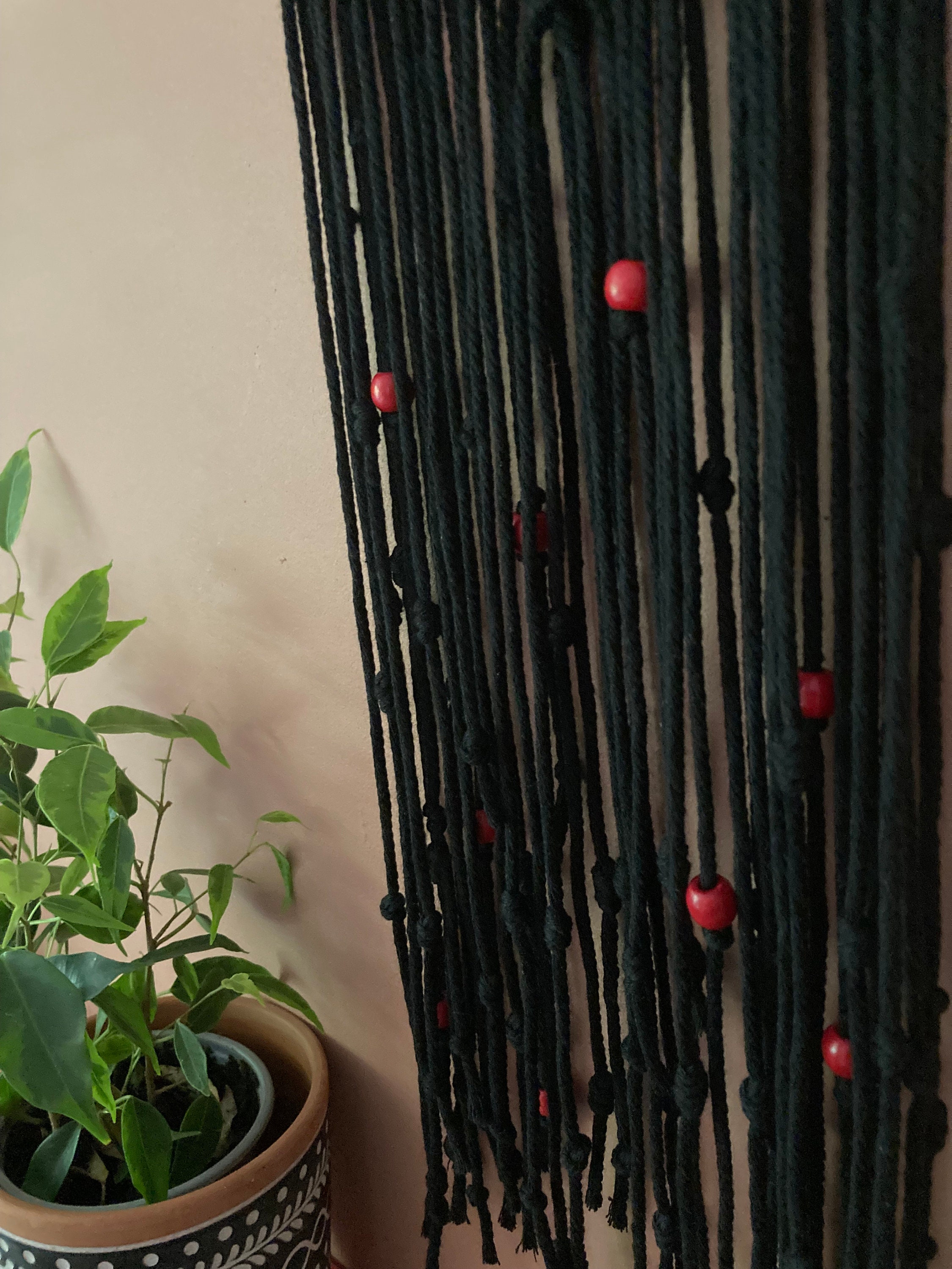 Black Macrame Hanging: Gothic Boho Wall Art with Red Beads, Room Accessory, Dreamcatcher style.