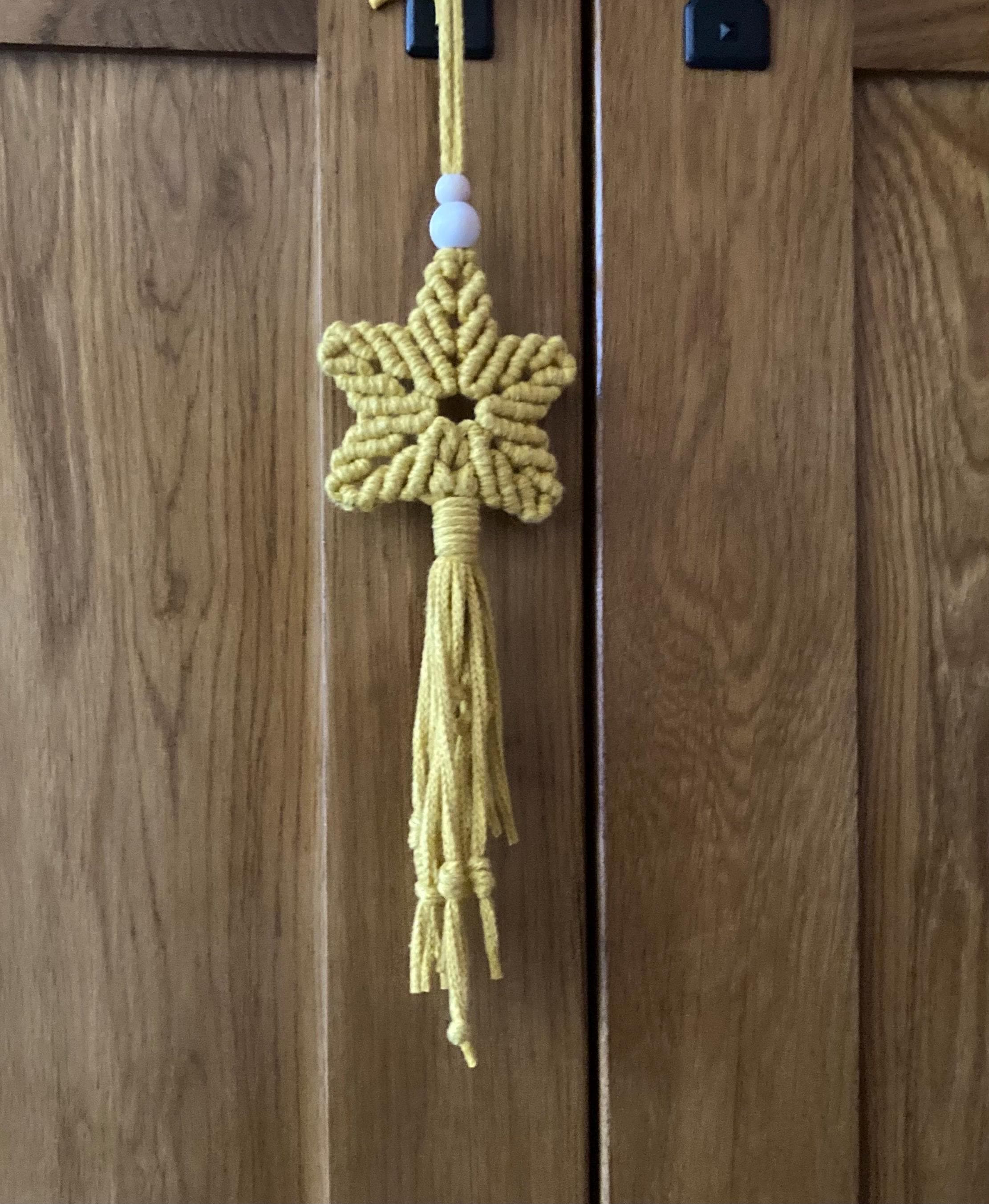 Macrame Hanging Star: Mustard Yellow Boho Window/Door accessory, teacher gift.