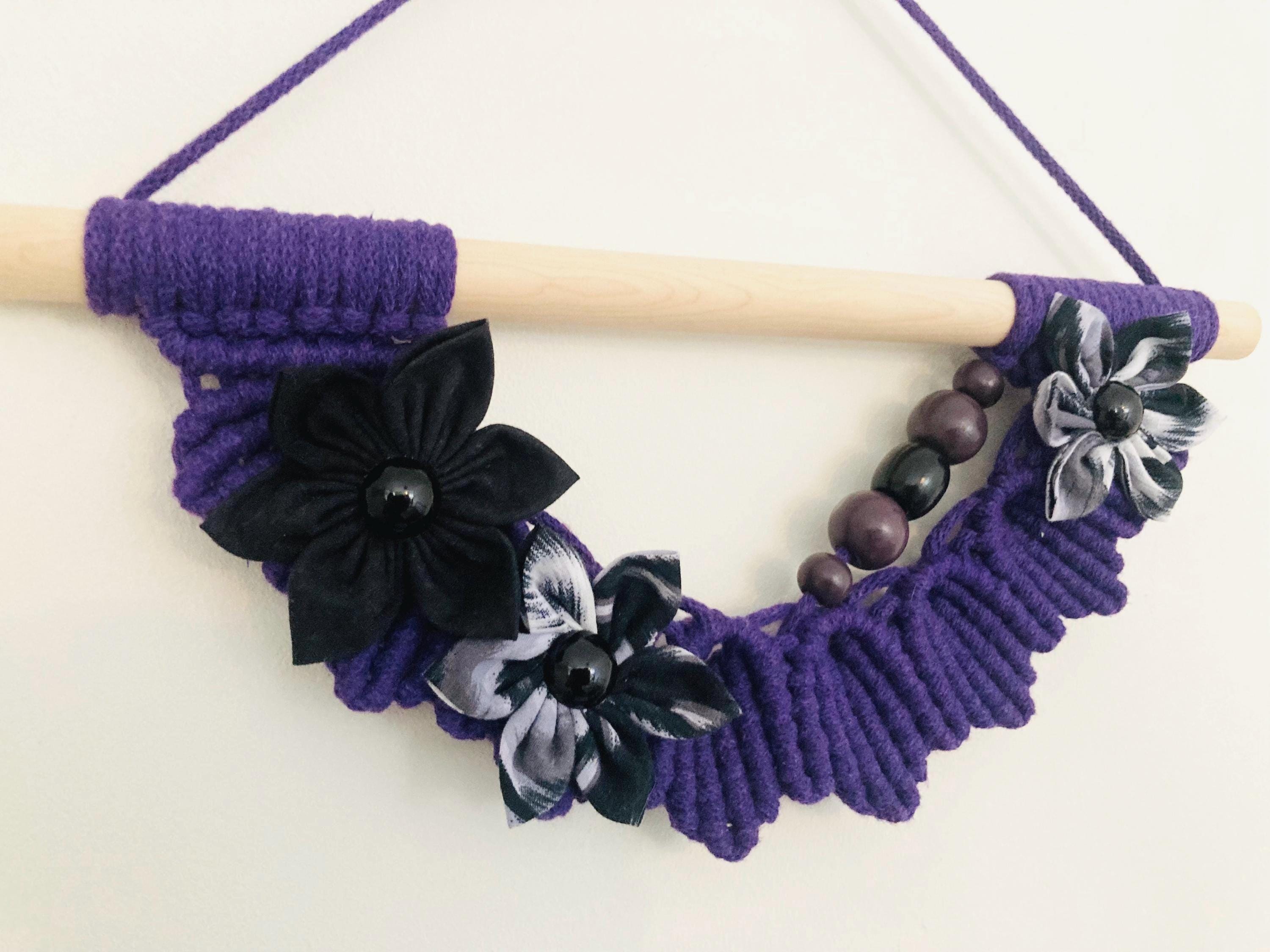 Unique Purple Macrame Wall Hanging: Boho Fabric Flowers & Wooden Beads, wall art.