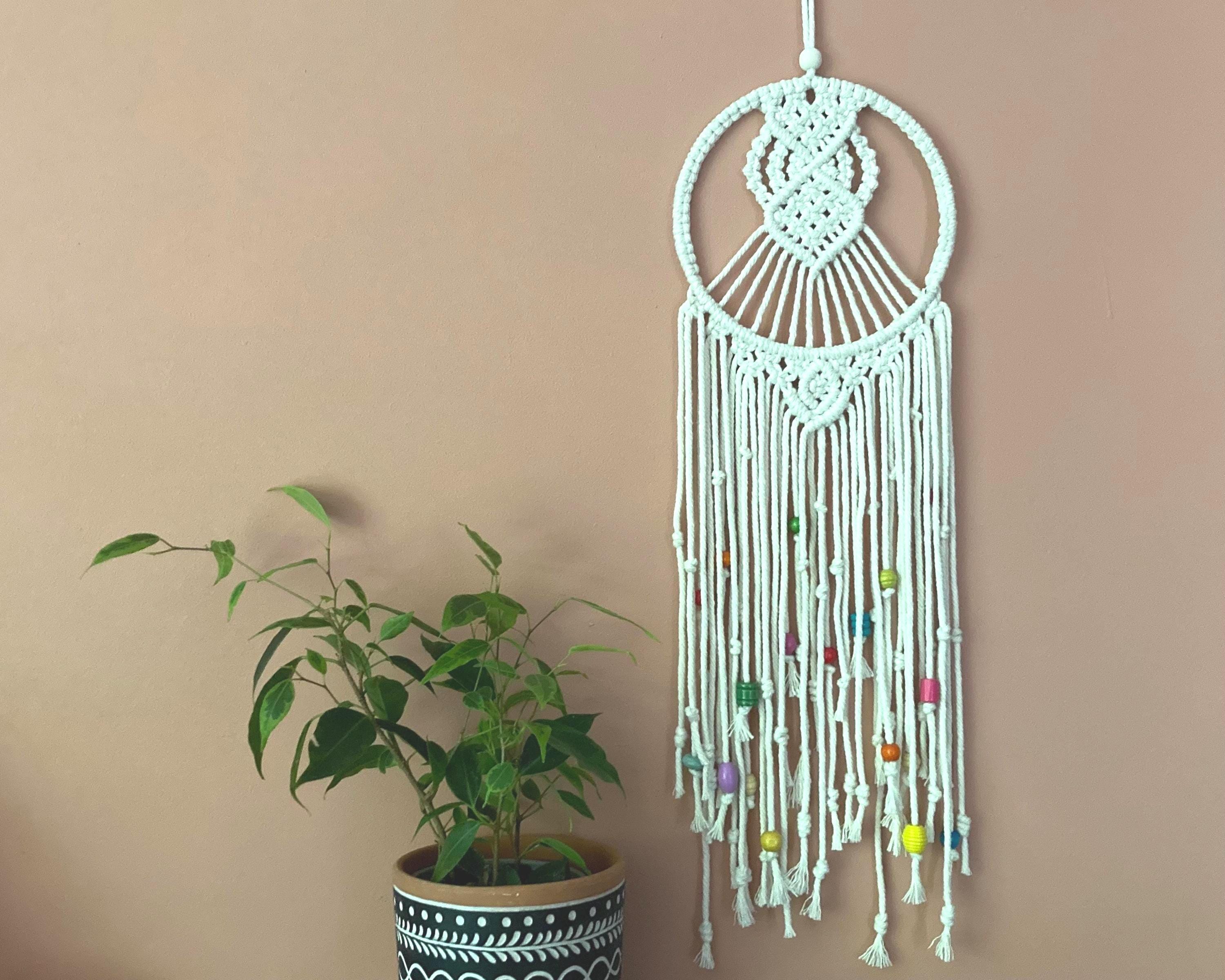 Macrame Wall Hanging: Cream Cord with Colorful Beads, wall art, boho decor, dreamcatcher style.