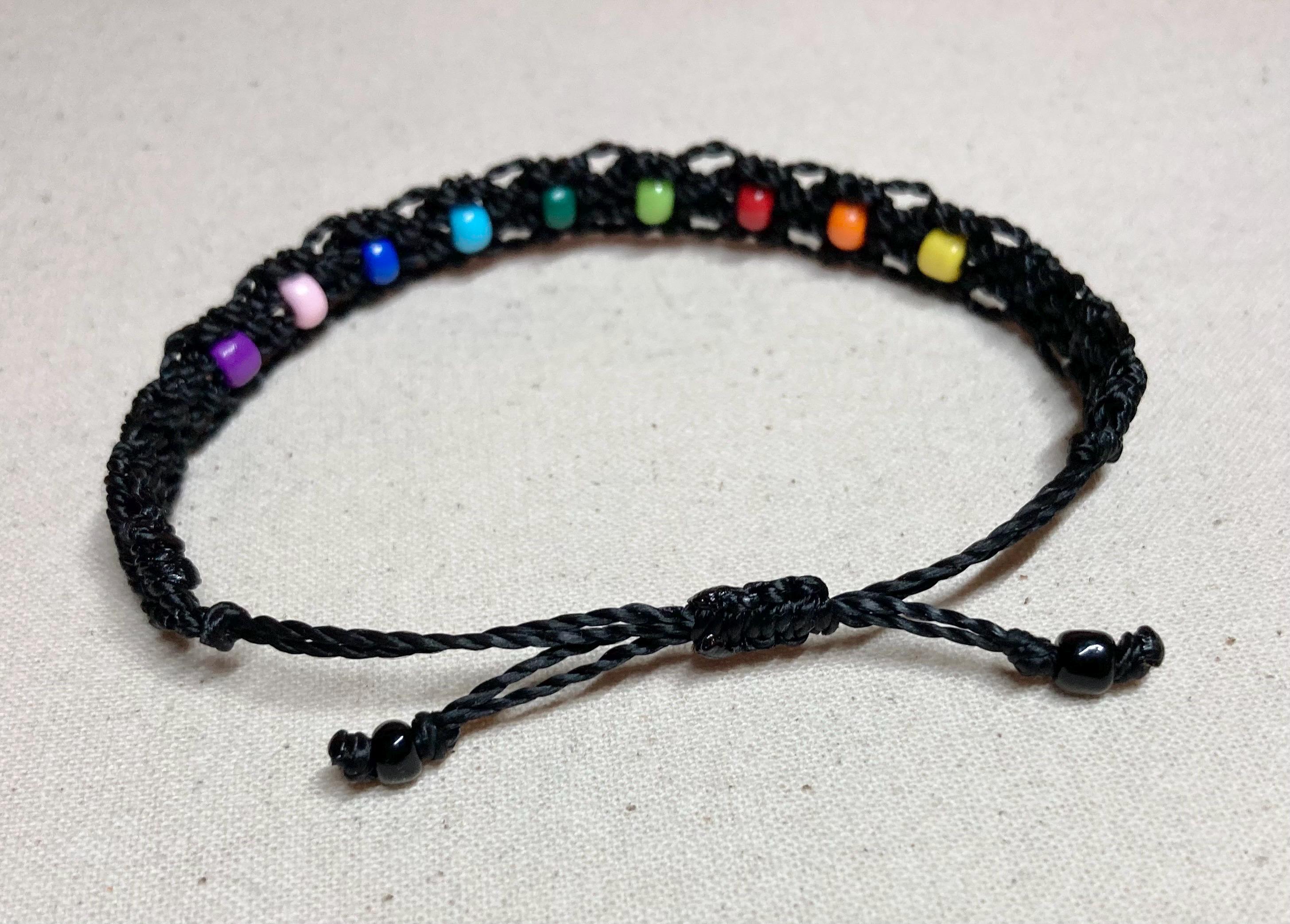 Adjustable Rainbow Glass Bead Macrame Bracelet