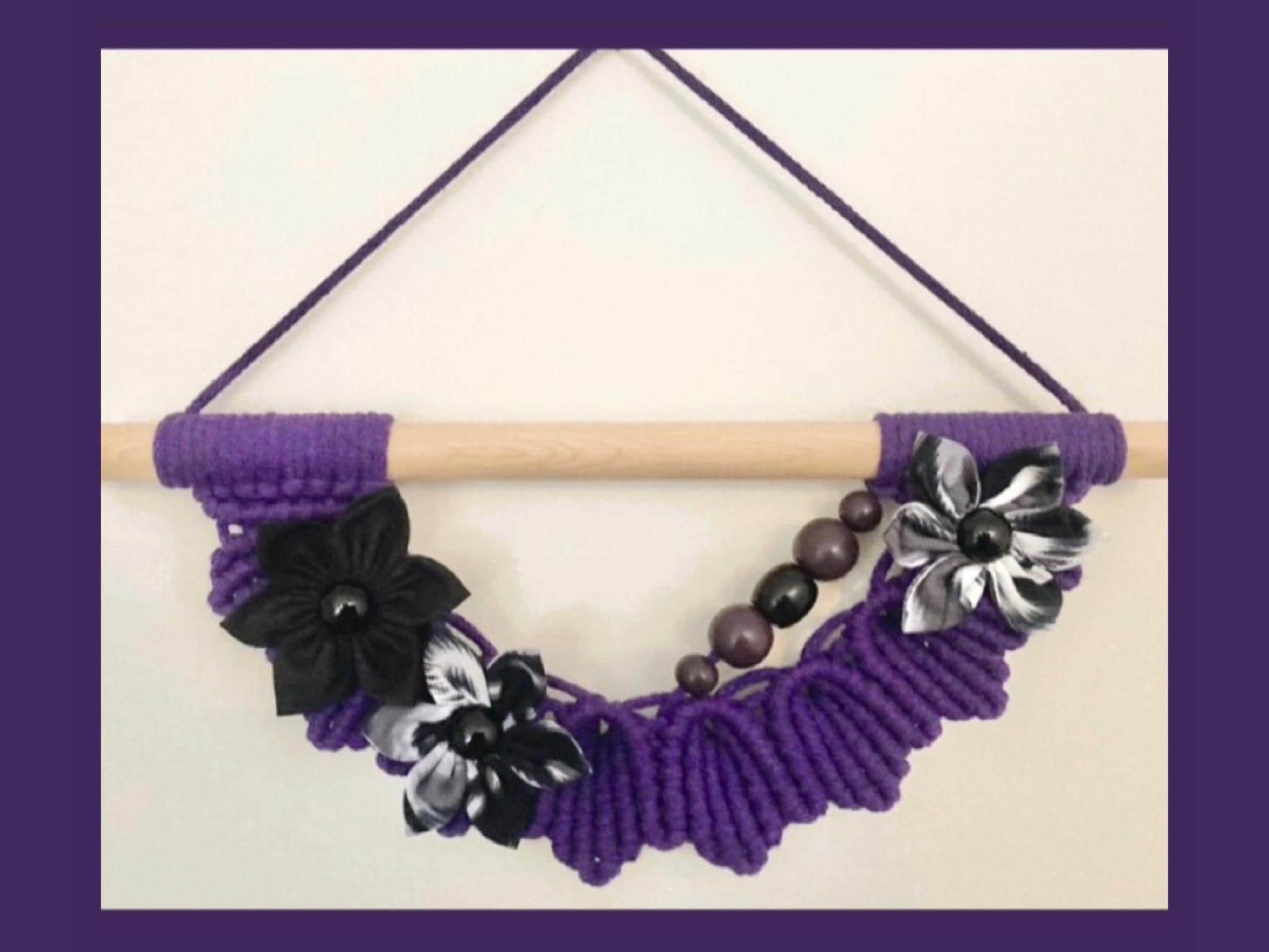 Unique Purple Macrame Wall Hanging: Boho Fabric Flowers & Wooden Beads, wall art.