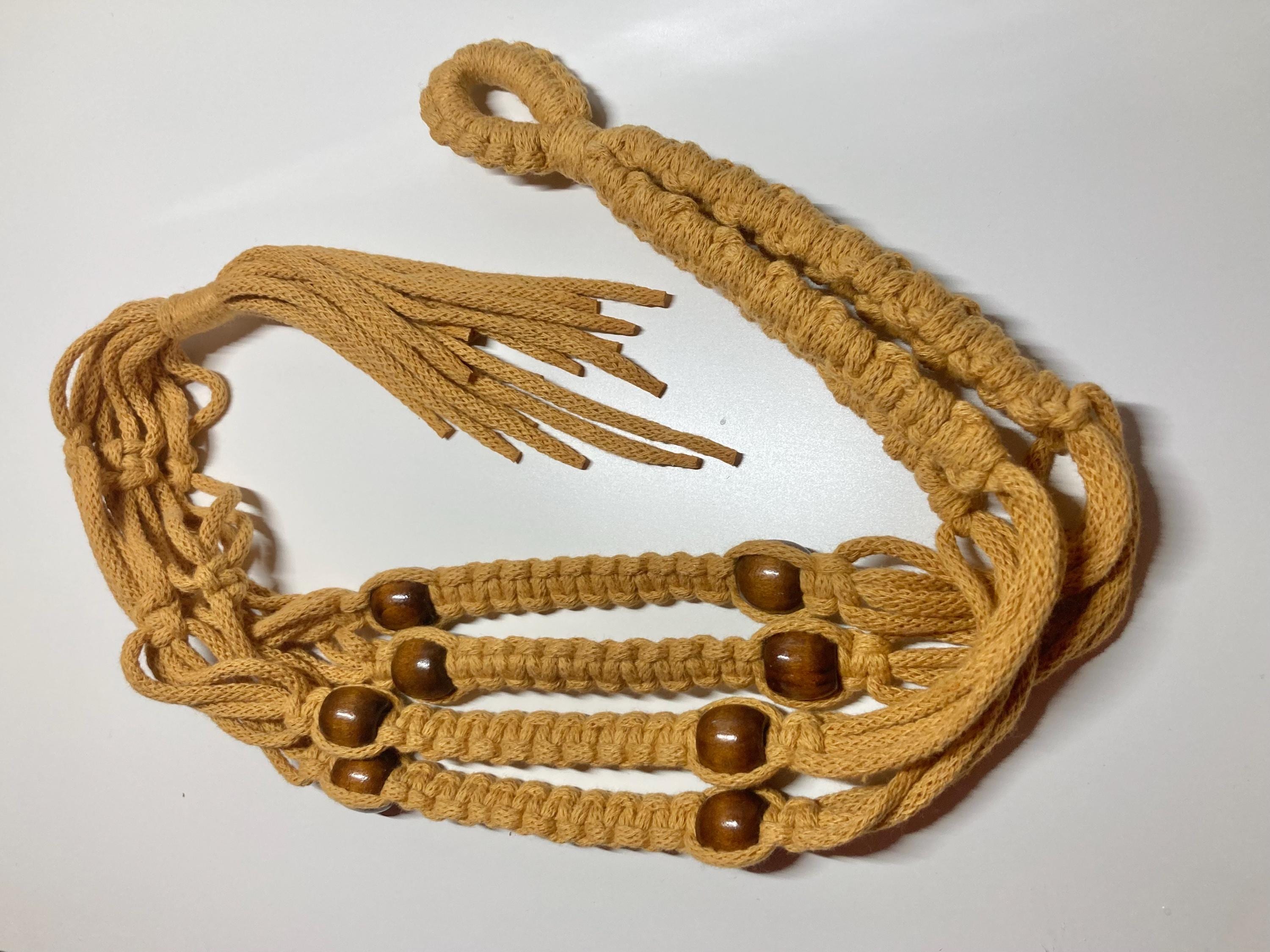 Macrame Hanging Plant Holder: Mustard Yellow Braided Cord with Brown wooden beads, Boho Decor, retro, home decor.