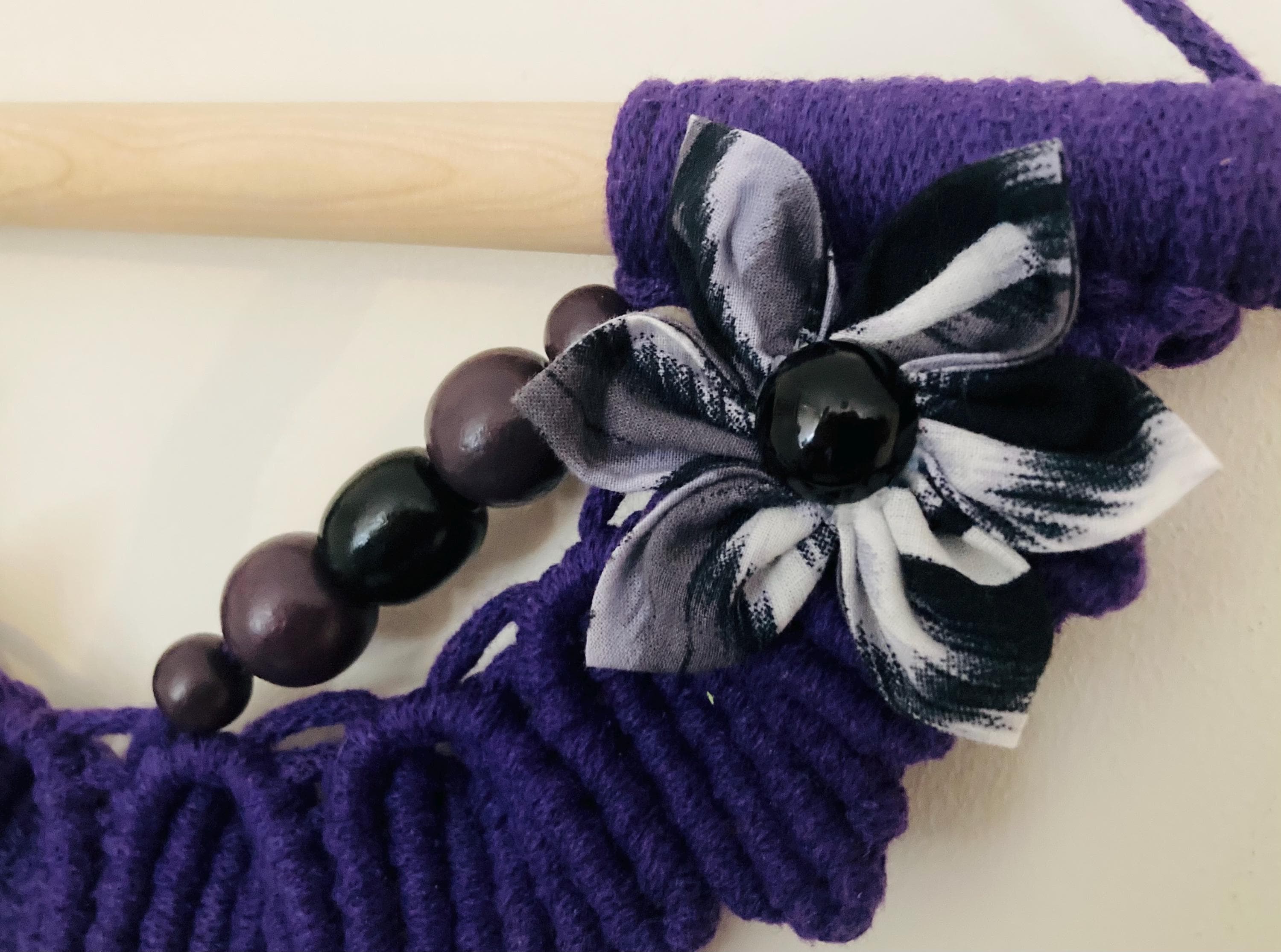Unique Purple Macrame Wall Hanging: Boho Fabric Flowers & Wooden Beads, wall art.