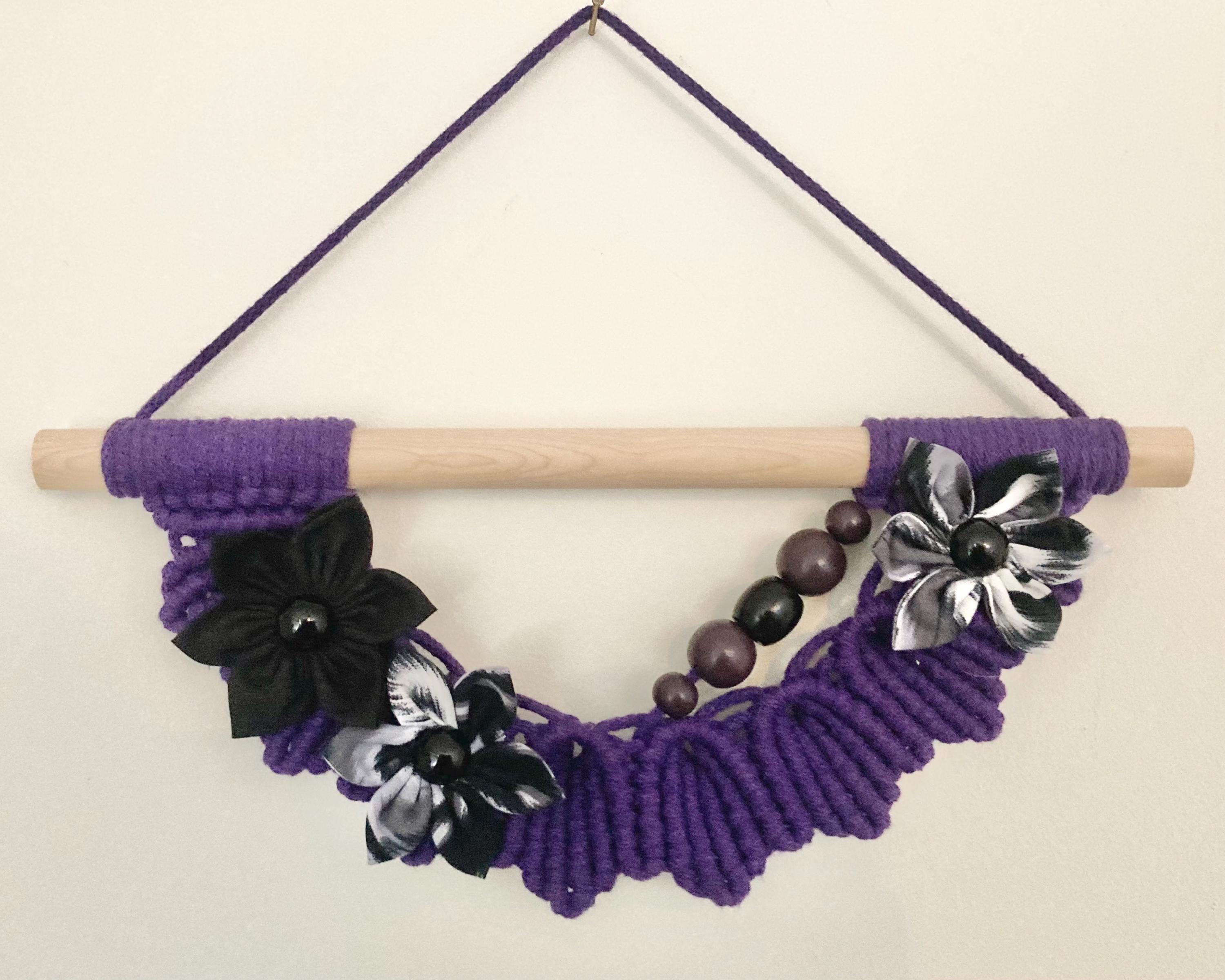 Unique Purple Macrame Wall Hanging: Boho Fabric Flowers & Wooden Beads, wall art.