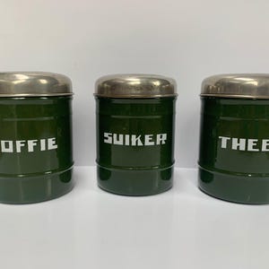 Set enamel tins dark green coffee sugar tea vintage retro metal kitchen storage