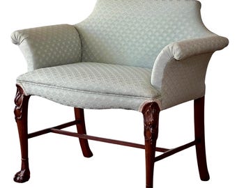 Georgian Carved Mahogany Upholstered Vanity Bench, Celadon Blue, Early 20th Century