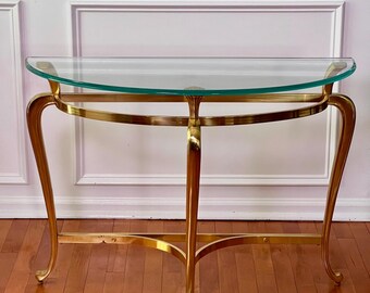 1970s Regency Demilune Solid Brass and Glass Console Table