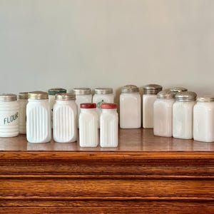 Set of 15 Assorted Milk Glass Hoosier Shaker Spice Jars