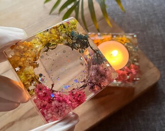 Resin Rainbow Tealight Candle Holder, Floral art, Flower Art Gift for Her, birthday gifts, Diwali Gift, Housewarming Gift, Set of 2