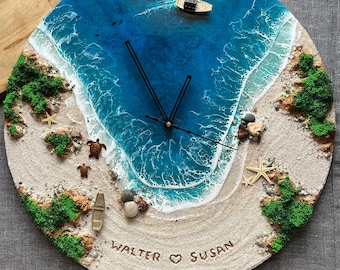 Resin Ocean Wall Clock, Personalized Clock, Recreate your favorite beach, Name on sand, Epoxy Resin Sea Art, Beach Decor, handmade gift