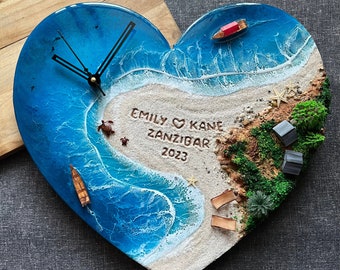 Resin Ocean Heart Wall Clock, Personalised Clock, Recreate your favourite beach, Name on sand, Epoxy Resin Sea Art, Handmade gift