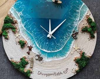 Horloge murale océan en résine, horloge personnalisée, recréez votre plage préférée, nom sur le sable, art marin en résine époxy, décor de plage, cadeau fait à la main