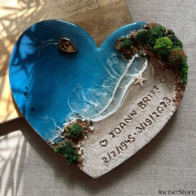 Epoxy Resin Sea Heart, Seascape, Resin Ocean Wall Art, Recreate your favorite beach, Name on sand image 2