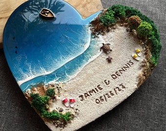Epoxy Resin Sea Heart, Seascape, Resin Ocean Wall Art, Recreate your favorite beach, Name on sand